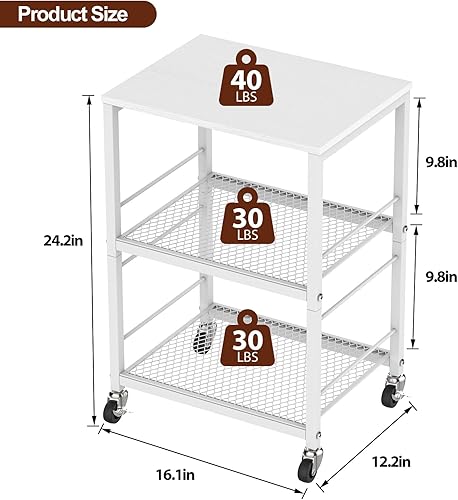 Miniatura 7 de YBING Soporte de impresora blanco de 3 niveles con ruedas, mesa de impresora rodante con estantes, estante de impresora móvil, estante de impresora