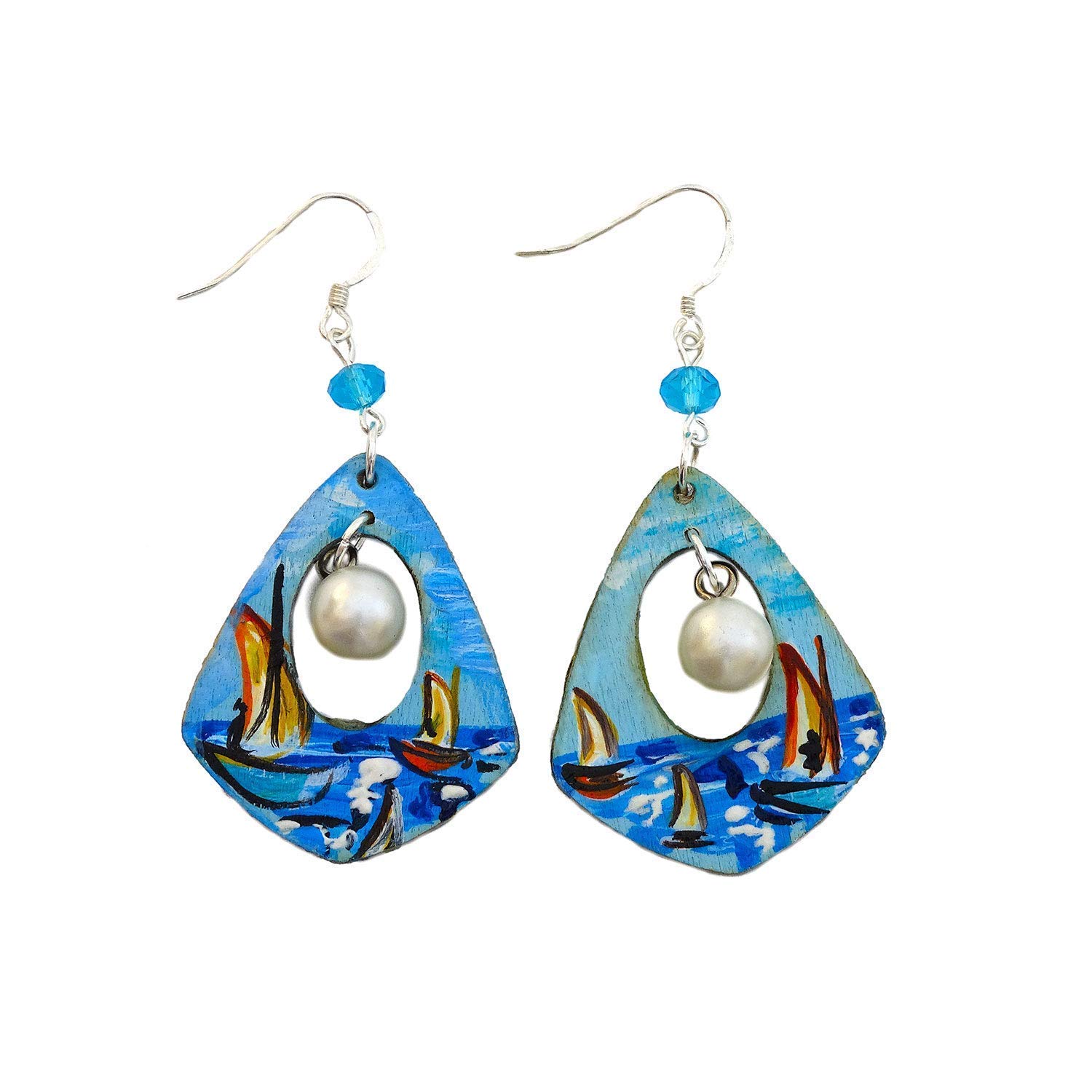 Boucles d'oreilles peintes à la main - PAYSAGE MER TABLEAU CÉLÈBRE - Boucles d'oreilles pendantes pour femme, Bijoux en bois peint, Crochet en argent, Fabriqué en Italie, Bijoux pour femmes décorés