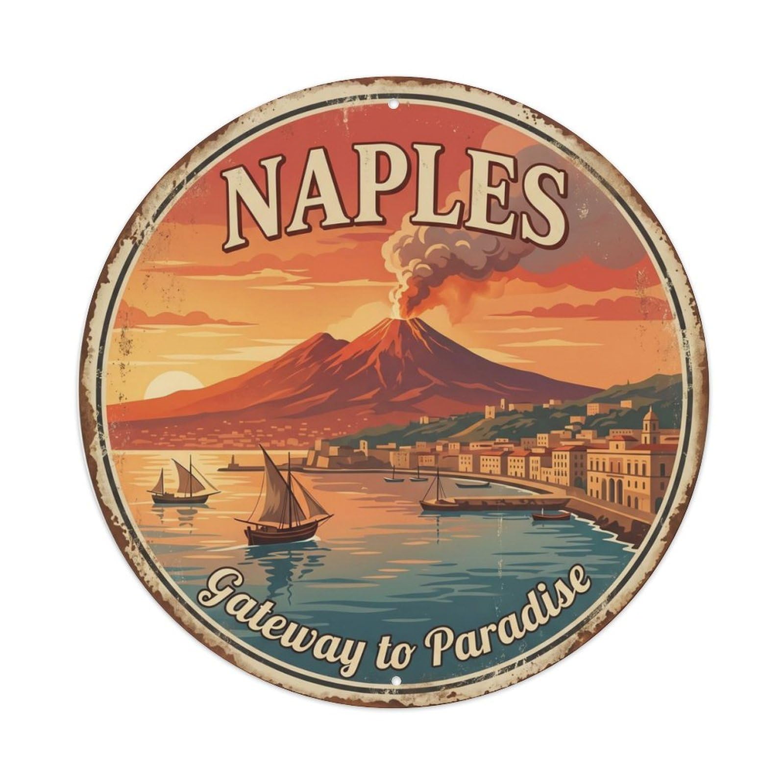 Vintage Travel Vesuvius Naples Italy Metal Tin Sign Plaque Wall Decor for Cafe, Club Bar, Office, Home Garden Round Metal Poster 8x8Inch
