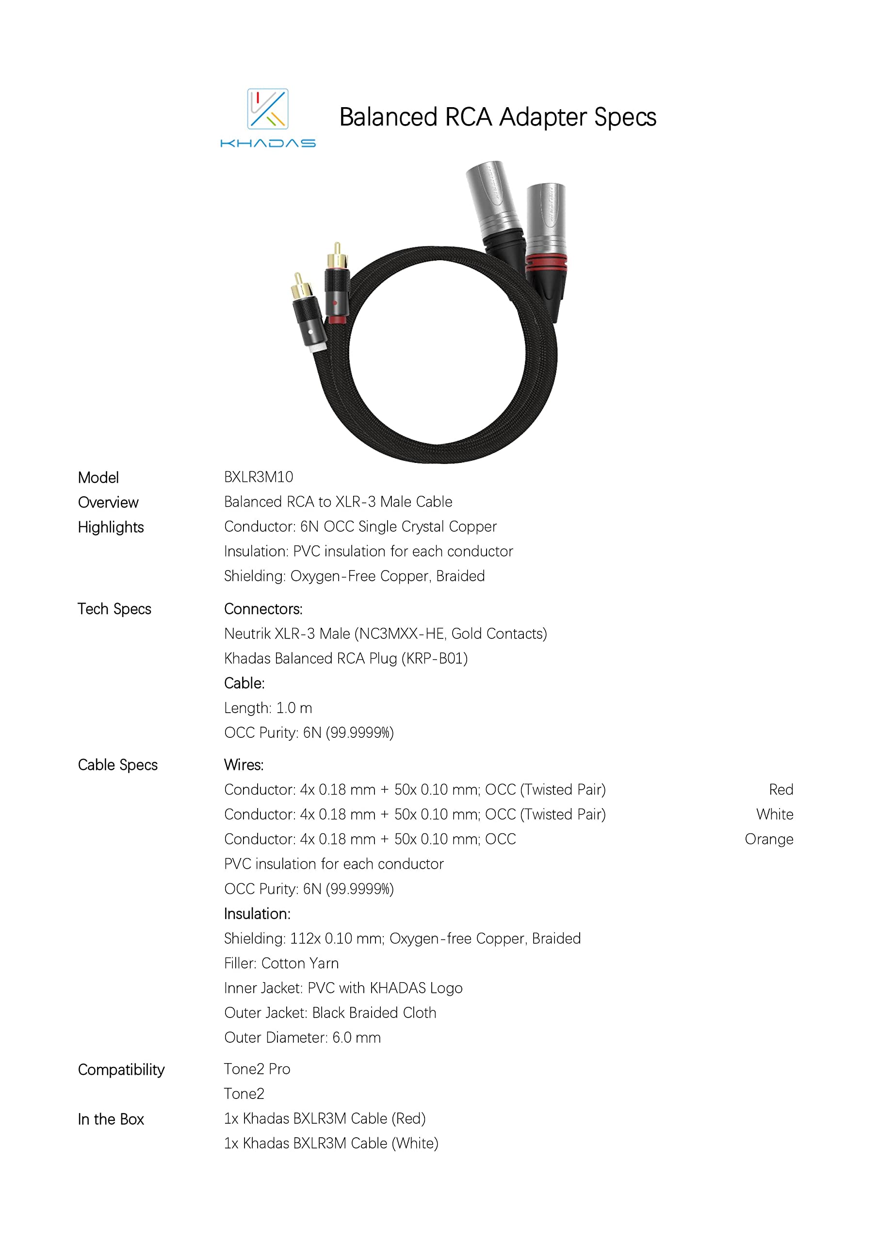 khadas Cavo RCA bilanciato, cavo maschio XLR-3, cavo audio stereo subwoofer [audio hi-fi] per Tone2 Pro, Desktop DAC, amplificatori, sistemi hi-fi, altoparlanti (1m)