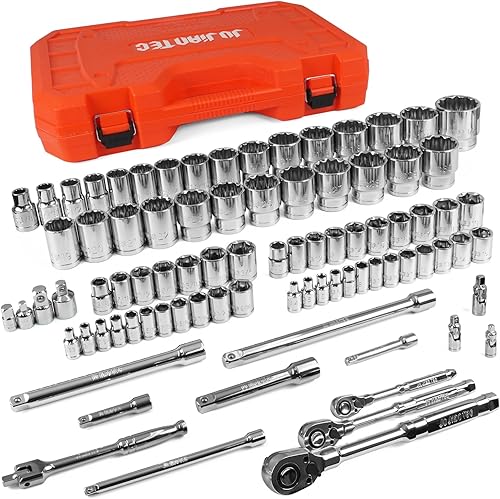Juego de herramientas mecánicas de 86 piezas, 1/4 de pulgada 3/8 pulgadas 1/2 pulgadas y juego de trinquete, SAE/métrico, trinquete de 90 dientes,