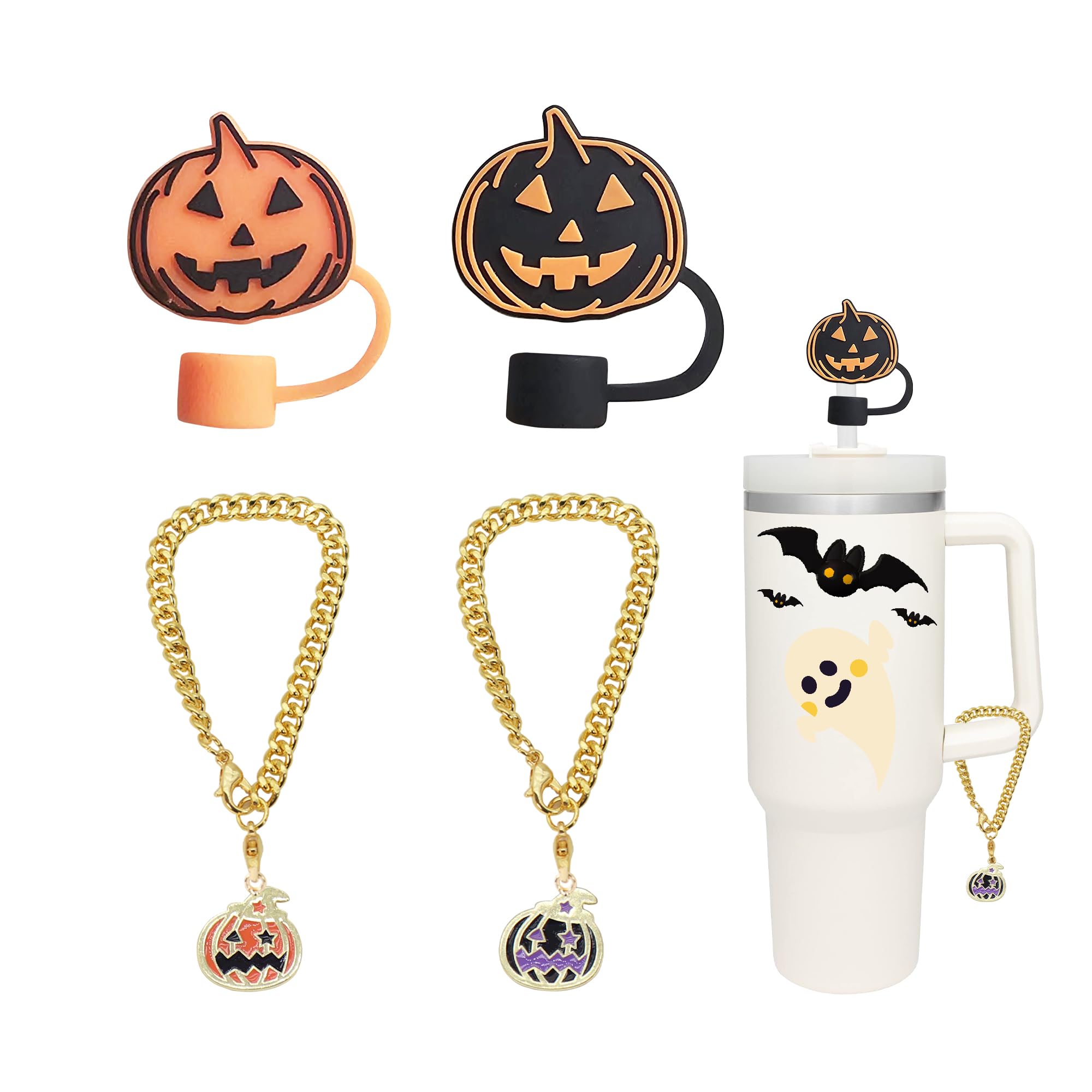 4 pcs Halloween Cute Silicone Straw Topper 10mm for Stanley Cups,Halloween Charms Chain for Stanley Tumbler with Handle,Stanley Cup Accessories (Pumpkin)