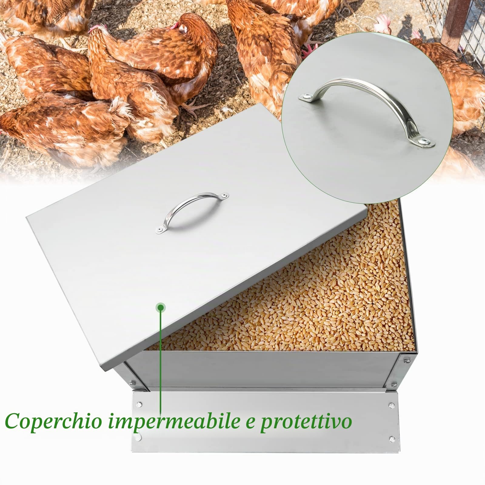 Mangiatoia Galline 25KG Automatica Da Esterno, Mangiatoia Per Polli Antispreco/Antipioggia In Acciaio Inossidabile, 40.5x29x41cm