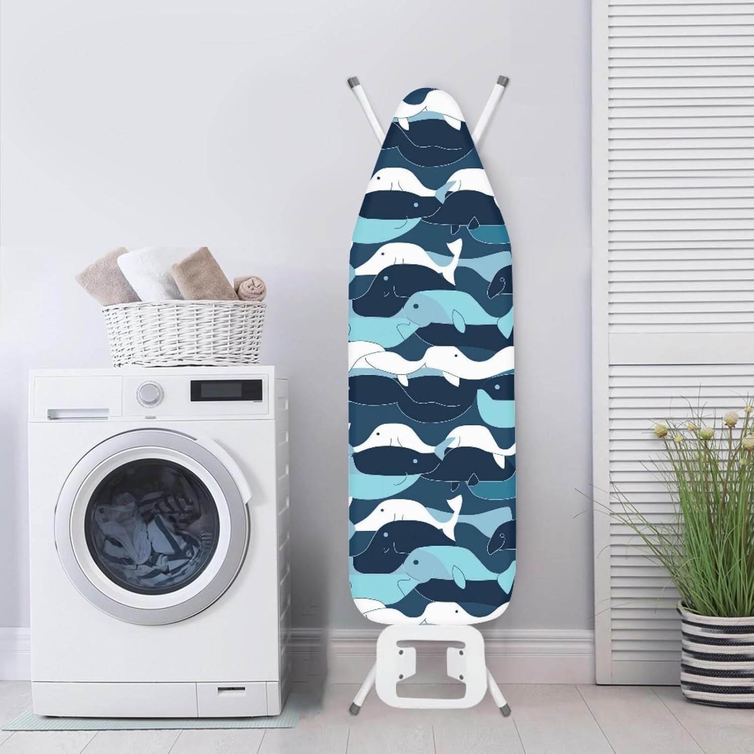 Ironing Board Cover 14x48 White Blue Whale Iron Board Cover with Padding Heat Reflective,Scorch Resistant Thick Padding,Snug Fit Non-Slip Nose Pocket Fastener Straps Elastic Edges