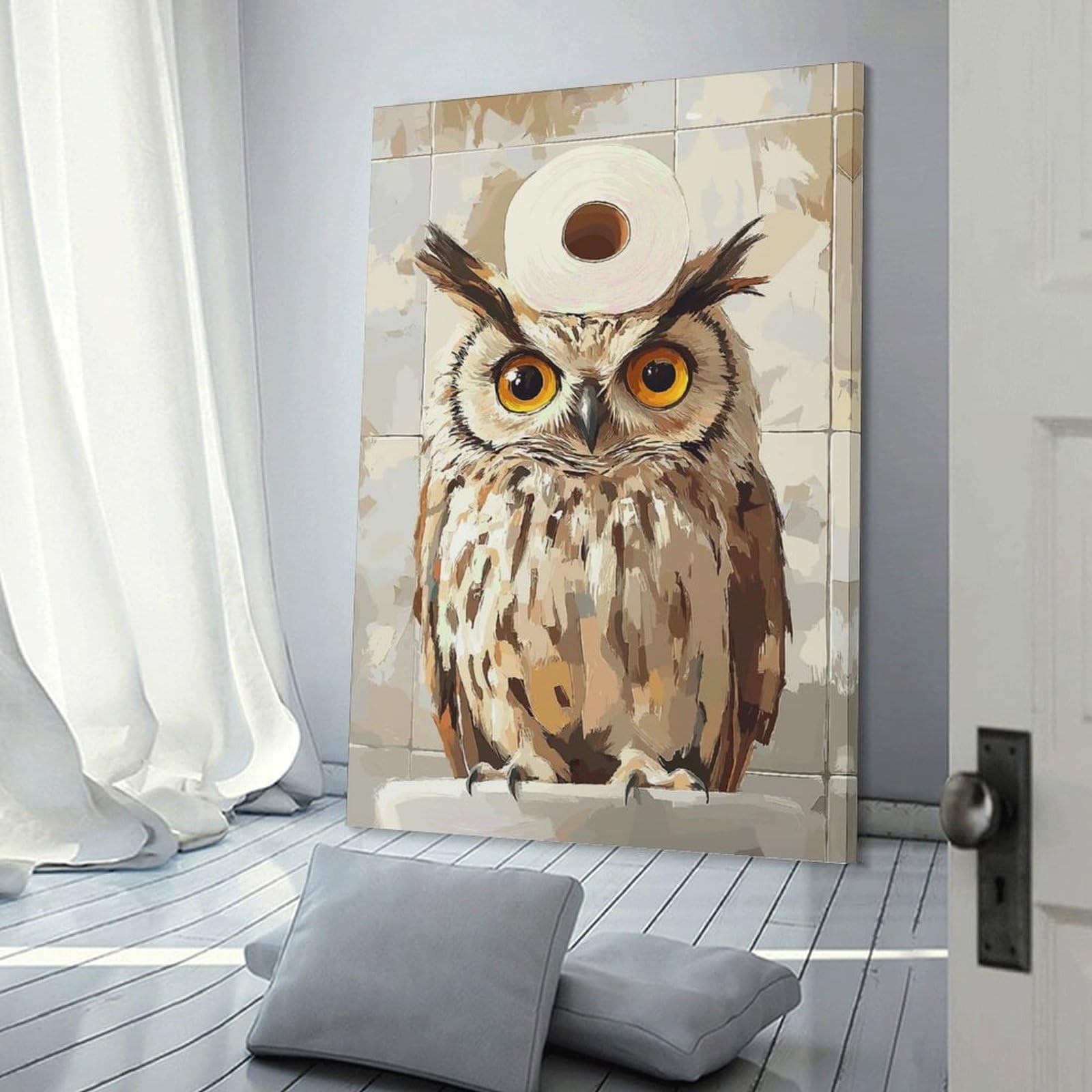 Junmoney Frame-Style-14 Canvas Wall Decor Owl With Toilet Paper Hat, 20X30inch(50X75cm), For Home Lounge, Bedroom Or Reading Nook, Eye Catching Artwork For Blank Walls
