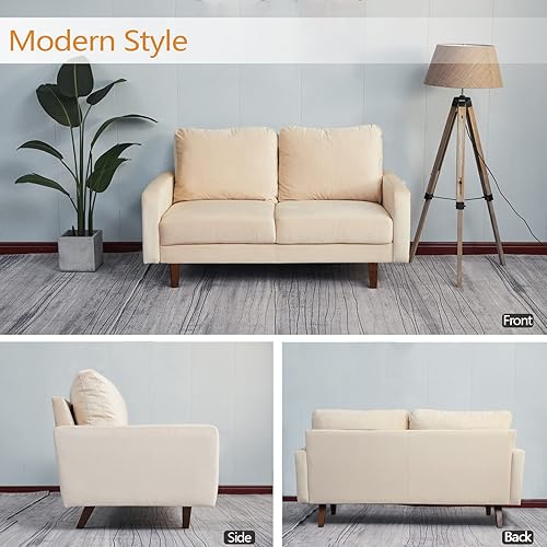 Miniatura 4 de INSTORY Sofá de terciopelo de mediados de siglo moderno sofá copetudo con patas de madera para sala de estar, color beige