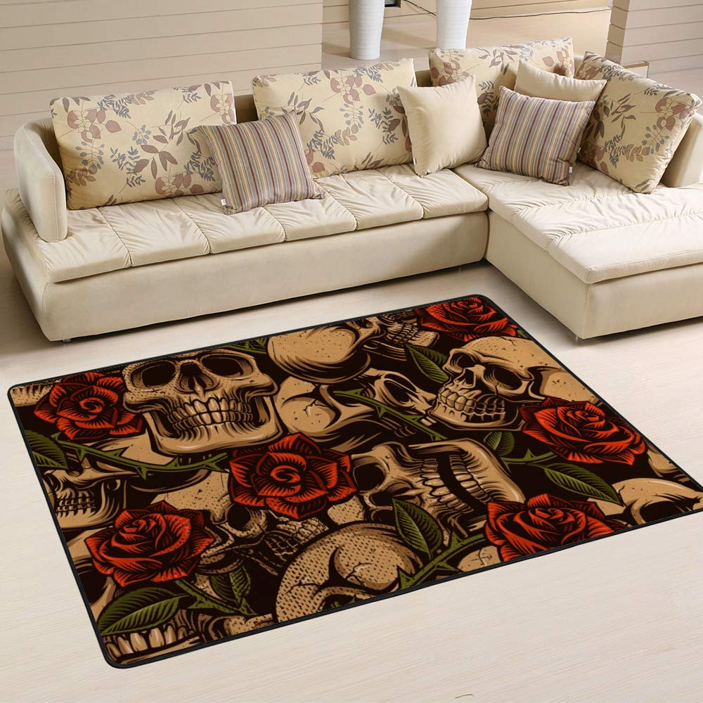 Tapis motif tête de mort et roses rétro Ruchen grand format salon chambre 80x58