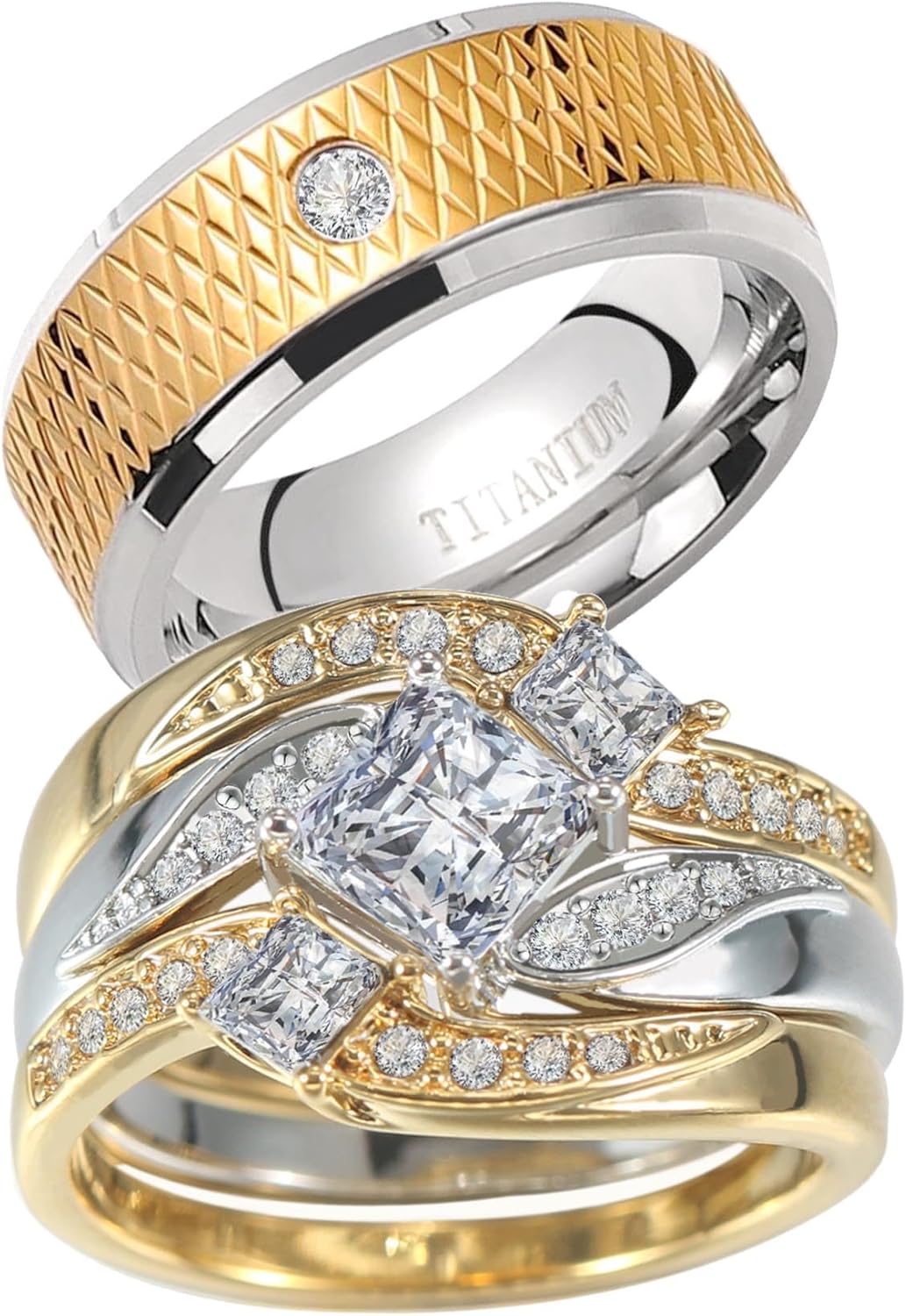 ringheart Couple Rings Black Matching Ring 1.5CT AAA CZ 3pcs Women Wedding Ring Sets for Him and Her Rings Men Band