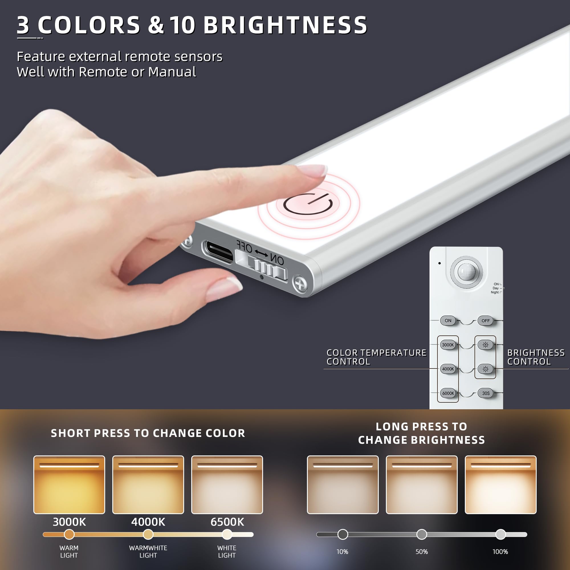 Illuminazione mobile senza fili, ricaricabile a batteria, rilevatore di movimento a LED, illuminazione per armadio con ricarica USB, illuminazione da incasso dimmerabile con telecomando per cucina