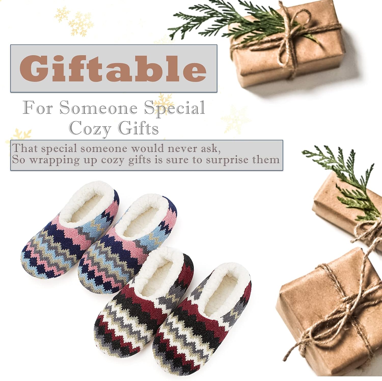 Cozylook 2-Pair Women's Soft Sole Slipper Socks with Grippers, Thick Warm Cozy Sherpa Lined Home Socks Set, Cable Knitted Non-slip Fluffy Winter House Bedroom Slippers - Image 5