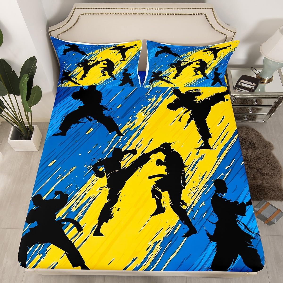 Taekwondo Fitted Sheet Full,Japanese Sports Athlete Silhouette Bed Sheet 3 Pieces(No Flat Sheet),Boys Girls Kungfu Bedding Set for Kids Adults,Adults Black Blue Yellow Deep Pocket Sheett