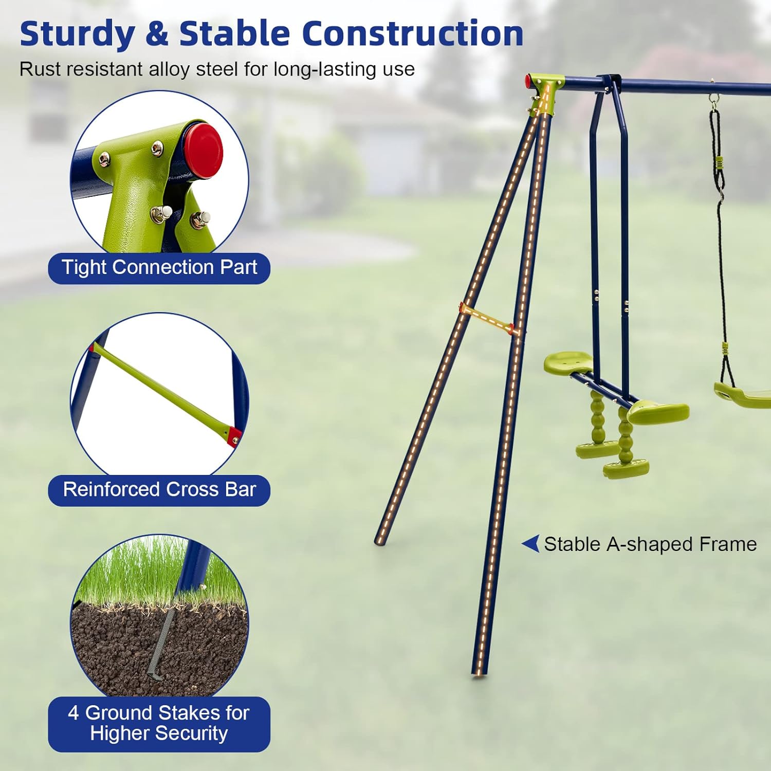 Costzon 440 lbs Swing Set for Backyard, 2-in-1 Heavy Duty Extra Large Metal Swing Frame with 2 Swings, Glider, Adjustable Hanging Ropes, Outdoor Playground Play Equipment, Swing Stand for Kids