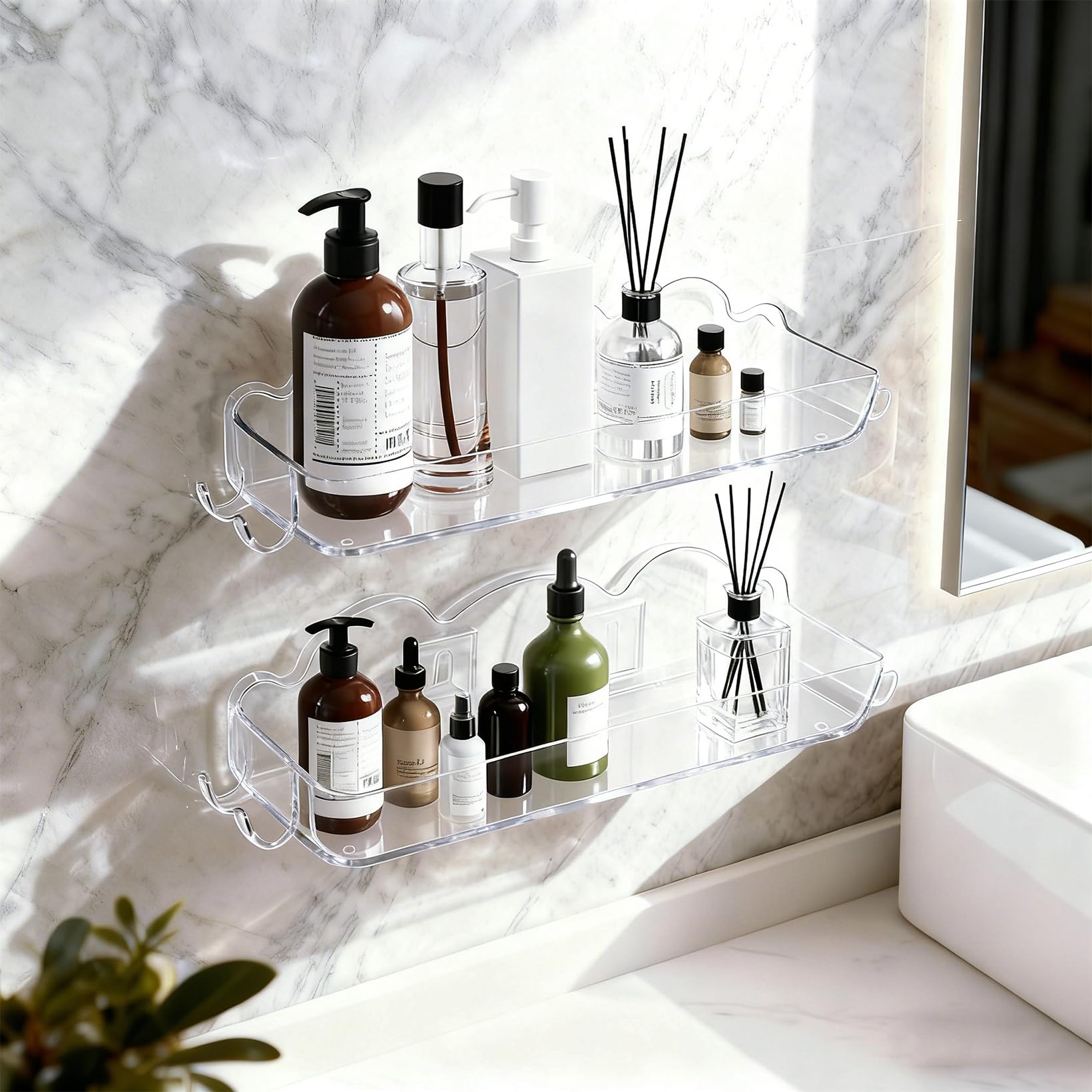 Goklmn 2 Pack Acrylic Shower Caddy No Drilling Adhesive Shower Shelves with 4 Removable Hooks Wall Mounted Bathroom