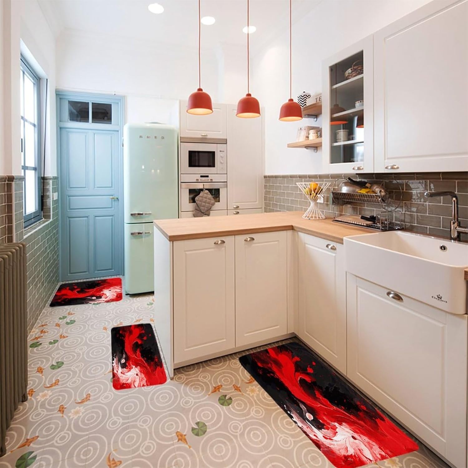 Red Black White Abstract Kitchen Mats Soft Absorbent Rugs for Floor Non Slip Washable Kitchen Mats Fashion Rectangular Rugs for Three-Piece Set for Laundry Office Home Sink