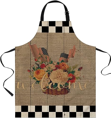 LEOKOTI Independence Day 4th of July Aprons for Women Men with 2 Pockets Black White Plaid Flower Basket Waterproof Kitchen Aprons Adjustable Chef