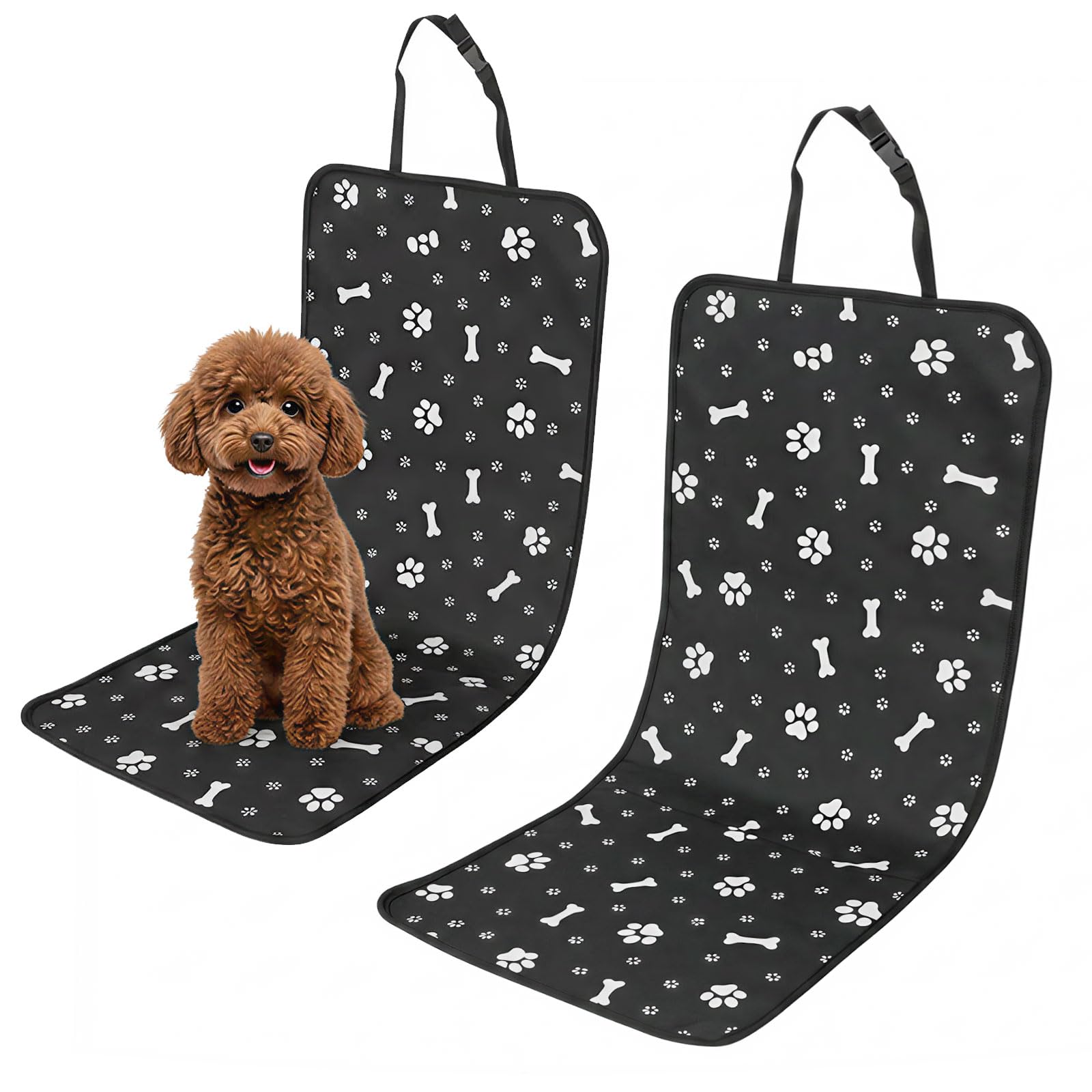 2-Piece Dog Car Seat Cover Set - Waterproof Nonslip Cars Seat Protector for Dogs Front, Pet Cars Seats Covers for Dog, Universal Fit with Buckles Scratch for Cars Trucks, Black Footprints and Bones