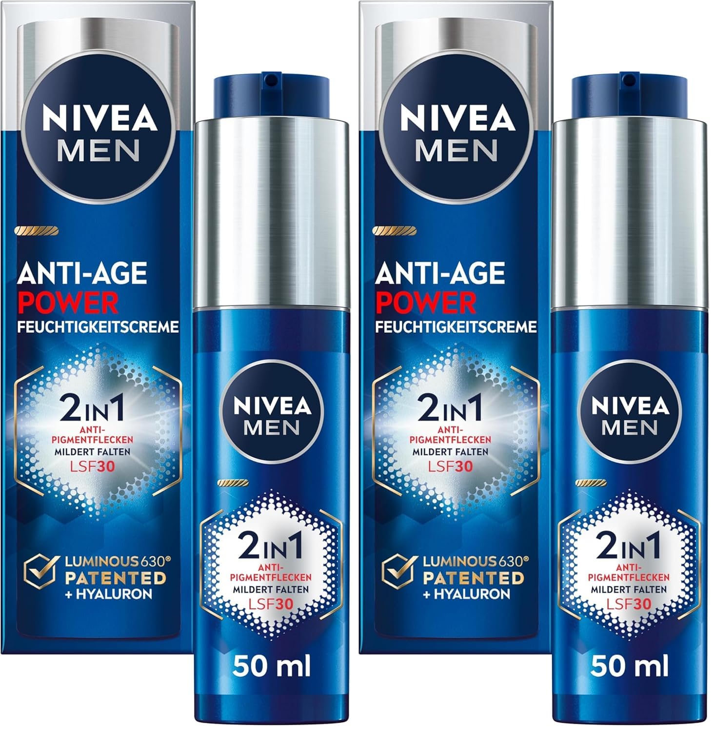 NIVEA MEN Anti-âge 2 en 1 Power Soins du jour avec SPF 30, soins du visage à l'acide hyaluronique pour hommes avec effet anti-âge, soins de la peau avec LUMINOUS630® contre les taches de vieillesse et