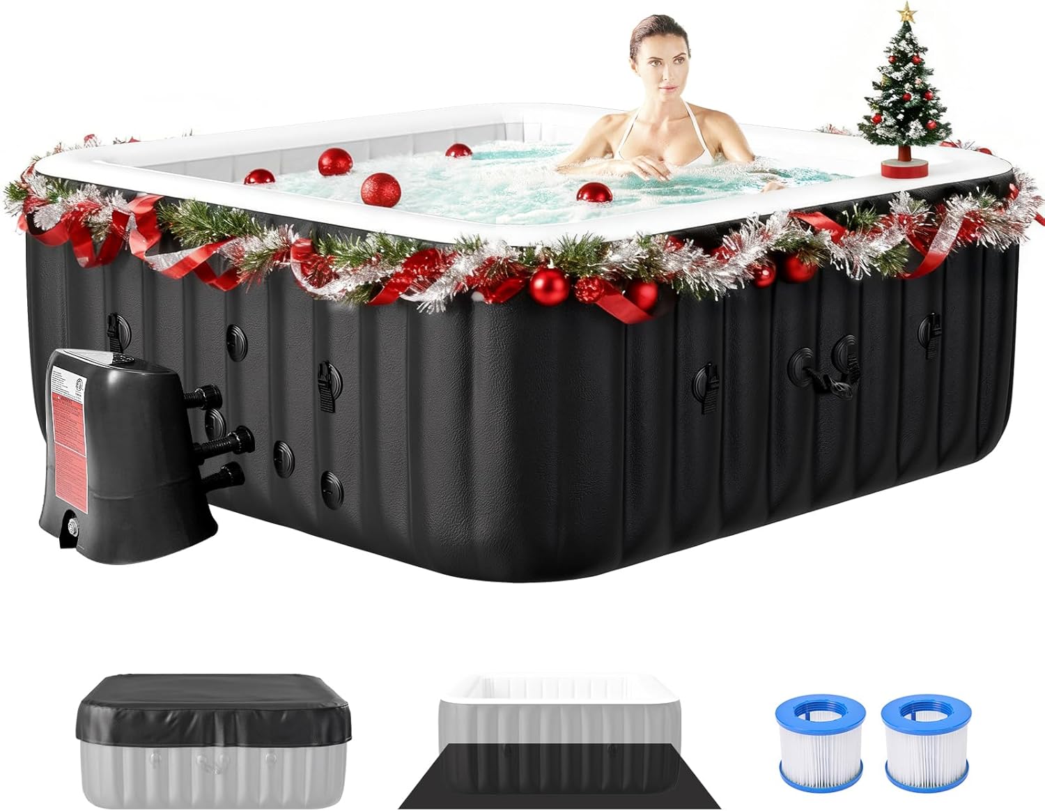 Blow Up Inflatable Hot Tub, 4-6 Person Large Square Portable Hot Tub, Leak-Proof PVC Outdoor Spa with 130 Air Jets, Heater Pump and Insulated Cover, 73” X 73”X 25” - Image 1 of 9