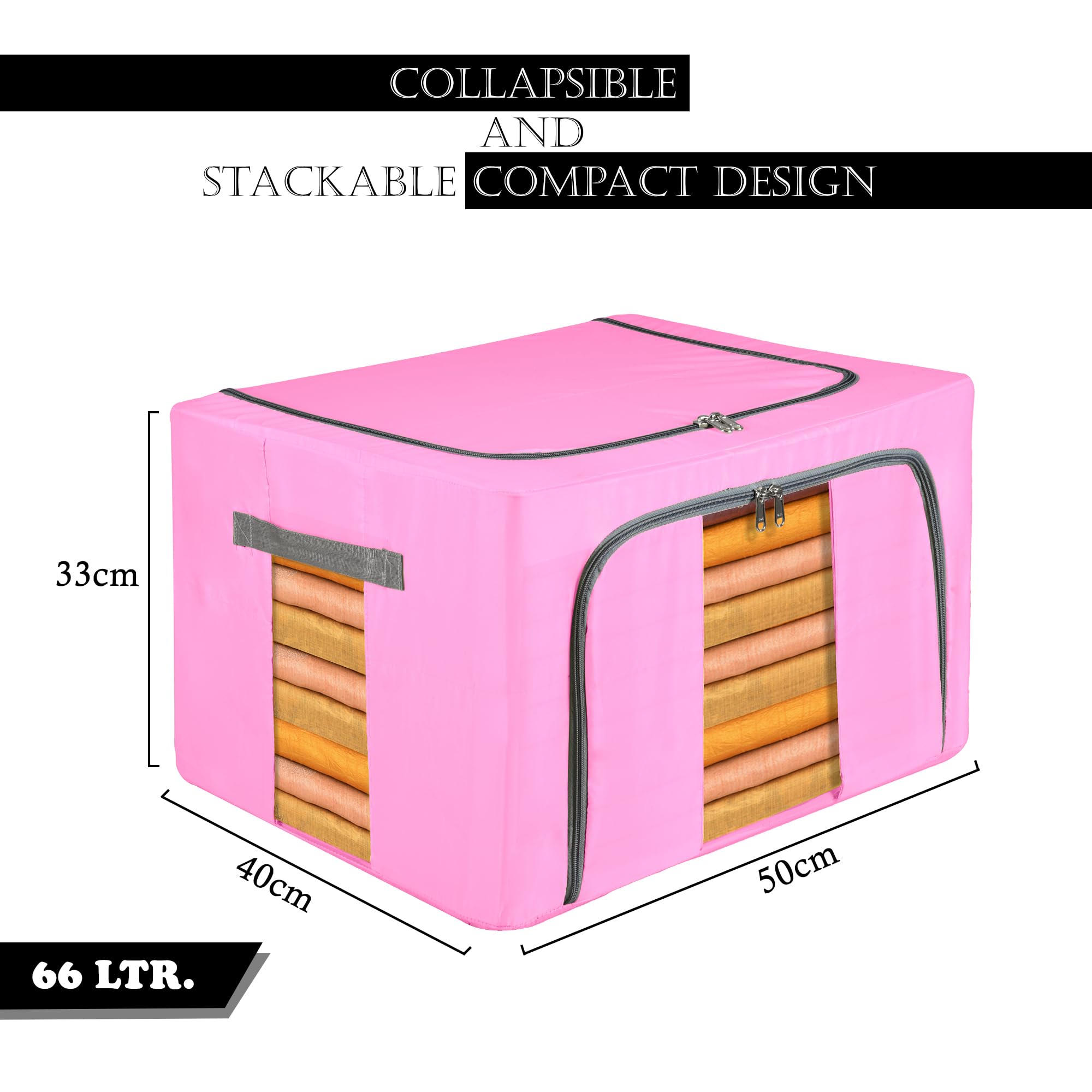 Kuber Industries 2 Stück Aufbewahrungsbox aus Stoff | Faltbarer Kleiderschrank Organizer für Kleidung | Stahlrahmen Kleidung Organizer | Deckenbox | 66 Liter | Rosa