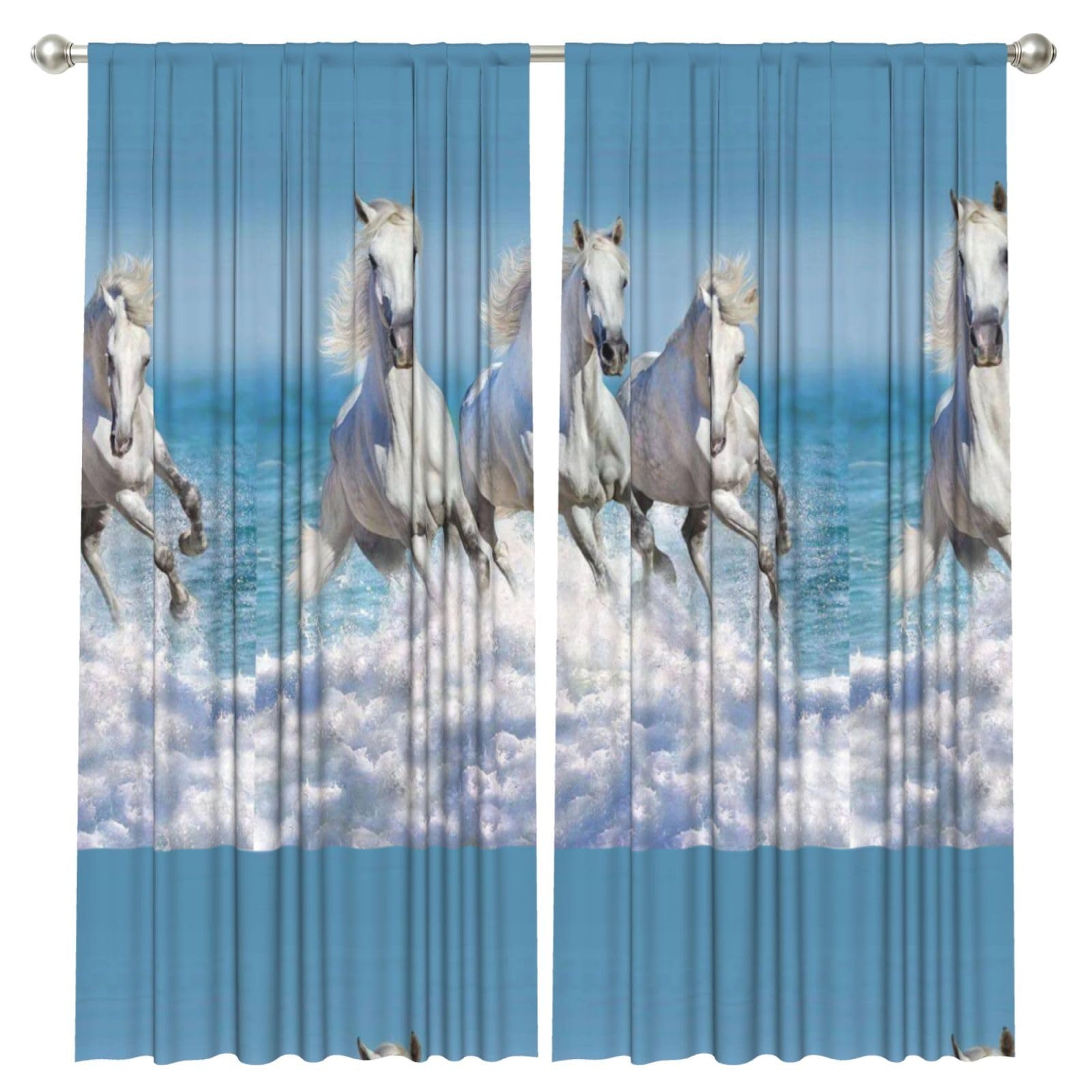 InOmak Three White Horses, 2 Panels Window Curtains 52 x 84 Inch Blackout Curtains for Living Room Bedroom