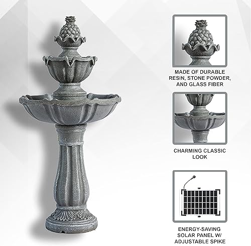 Miniatura 4 de XBrand Fuente de agua solar de 36.2 pulgadas, 2 niveles, resina gris, para exteriores, con panel solar y bomba solar para decoración del hogar,