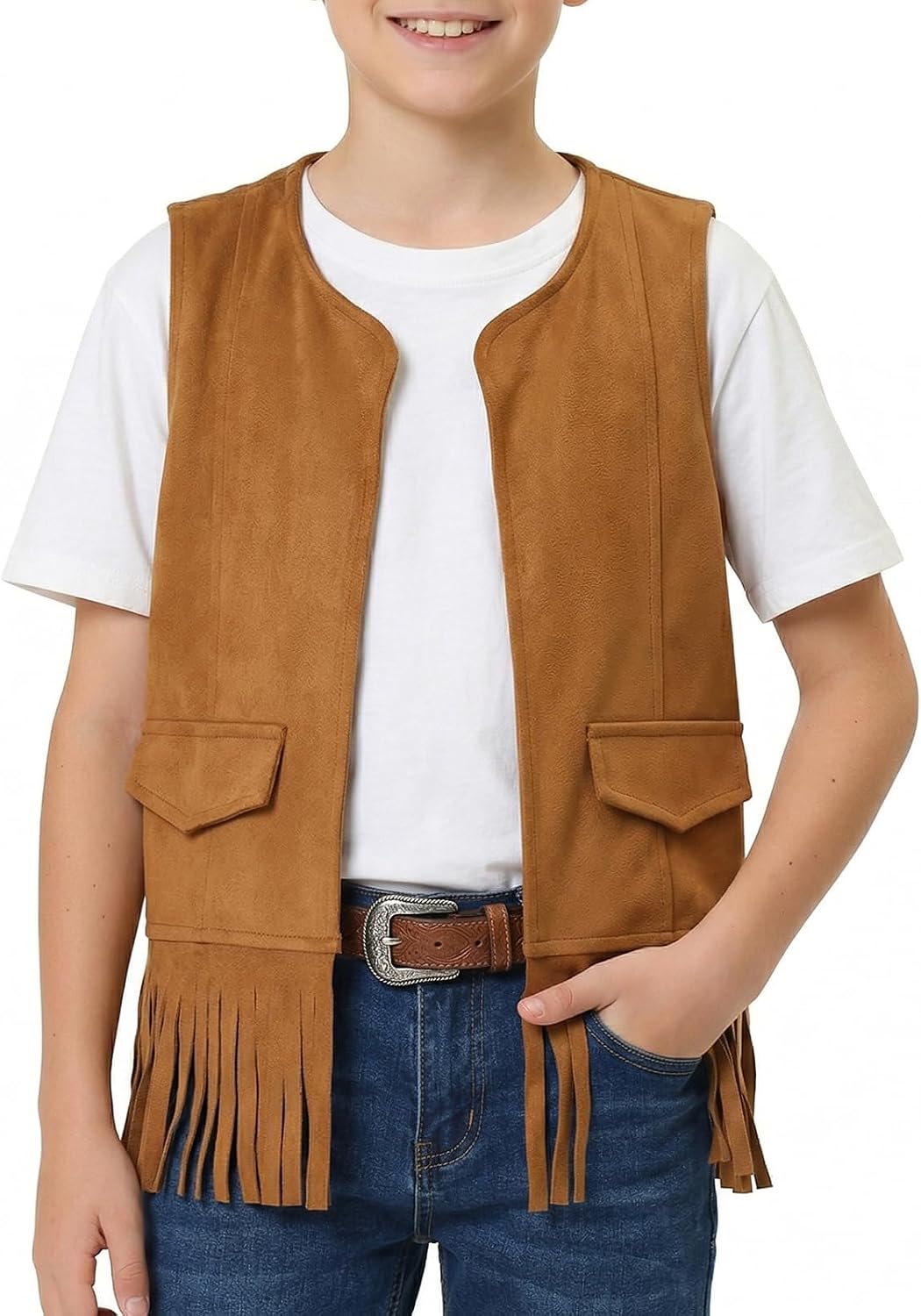 Spring&Gege Boys Western Faux Suede Fringe Vest Sleeveless Cowboy Tassel Waistcoat Vintage Jacket Cardigan 5-14 Years