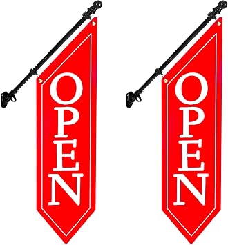 2 Pack OPEN Flag with Pole Kit - Heavy Duty Canvas Open Banner for Business Storefront, 42x12 Inch Outdoor Double-Sided Sign with Bracket - Advertising Signage for Retail & Shops Red