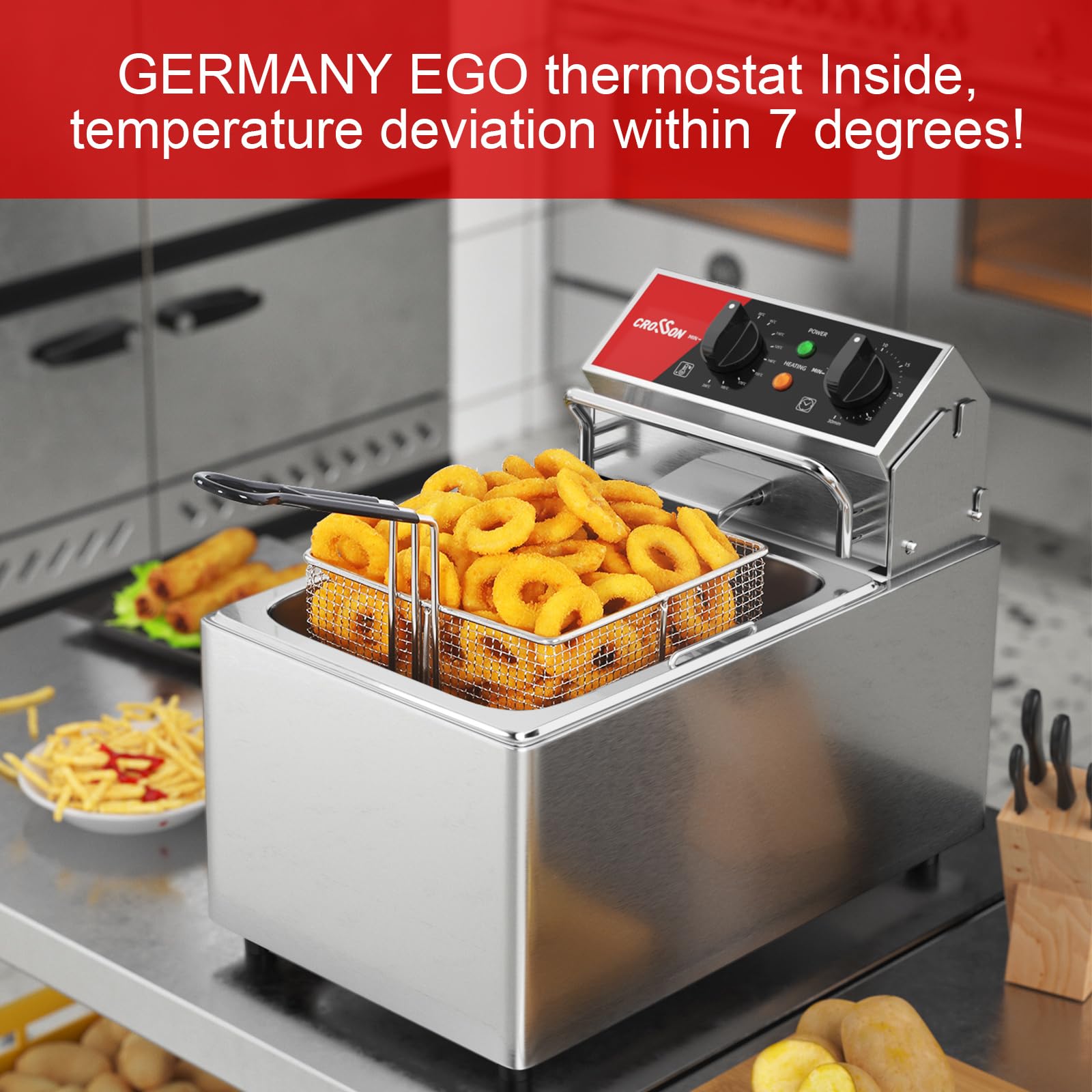 CROSSON 8L elektrische Fritteuse mit EGO-Thermostat, 30-Minuten-Timer, abnehmbarer Ölbehälter, massiver Edelstahlkorb, rotierender Fritteusekopf(8L Single Tank)