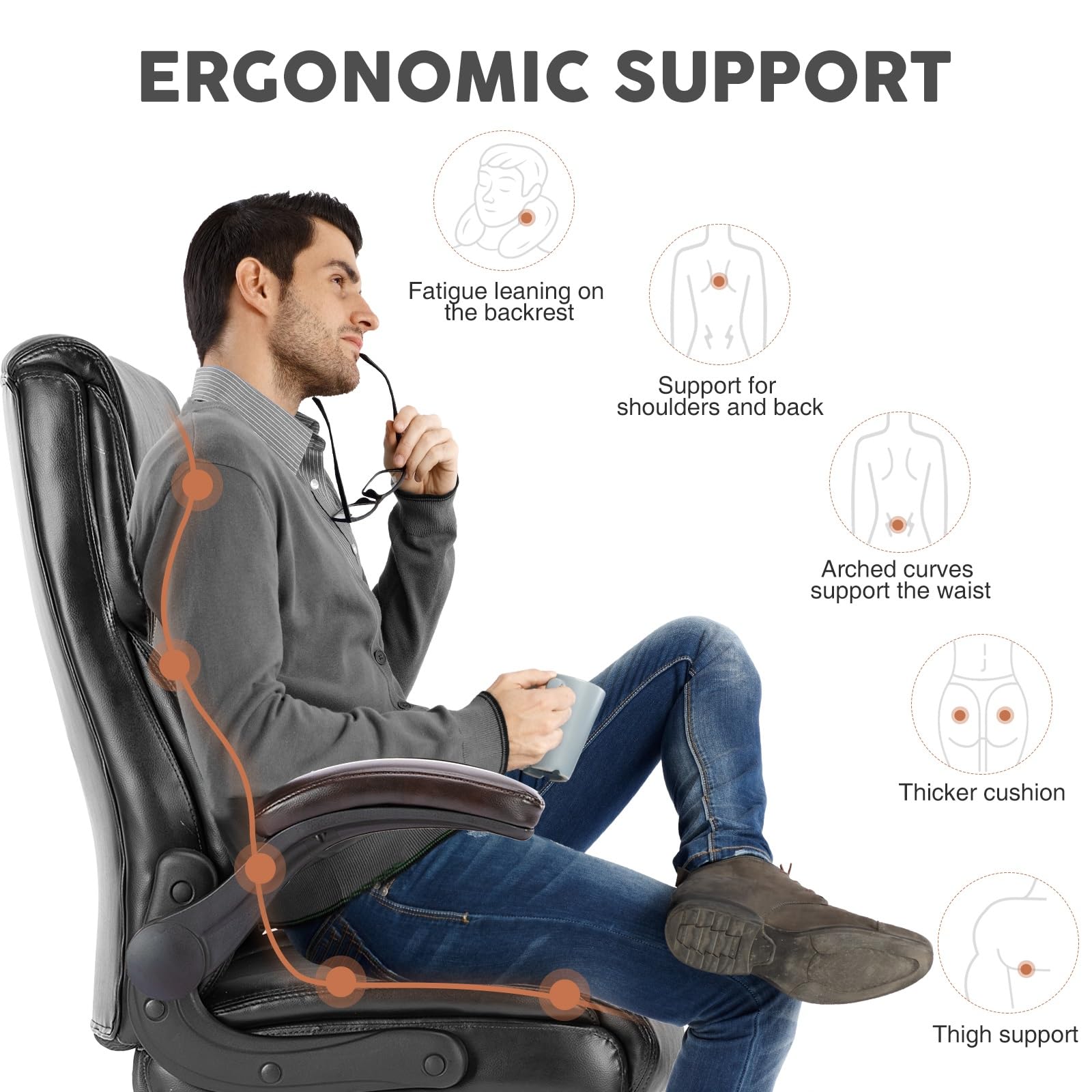 Silla de Oficina ergonómica de Cuero con Respaldo Ajustable a 120° y Capacidad de 125 kg (275 lbs) - Silla de Ordenador de Respaldo Alto con reposabrazos abatibles y Ruedas Flexibles de 360°