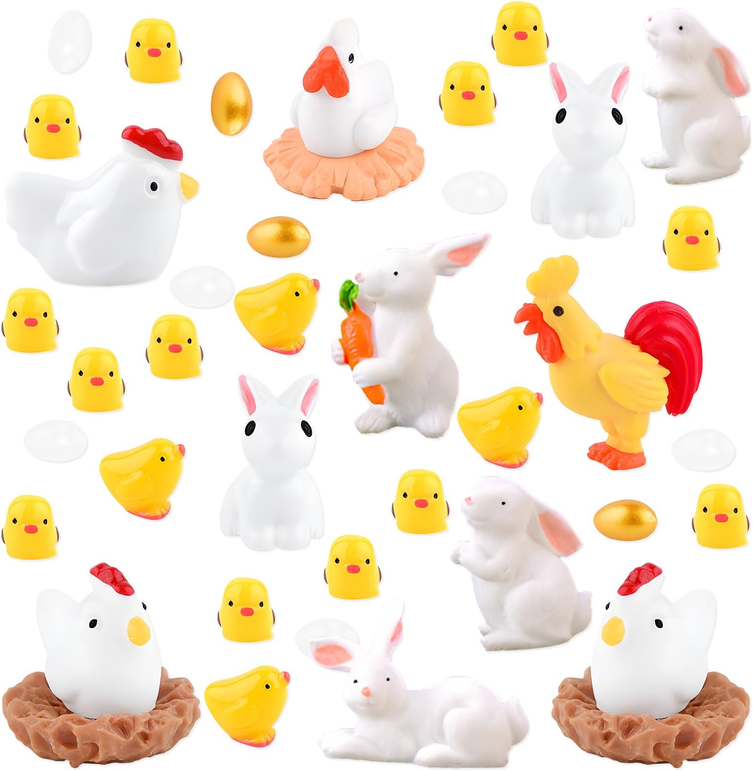 40Pcs Easter Animal Figurines, Small Resin Easter Decorations, Rabbit Cock Hen Egg Chicken Nest Ornaments, Bunny Eggs Figurines for DIY Miniature Dollhouse Egg Fillers Party Gatherings