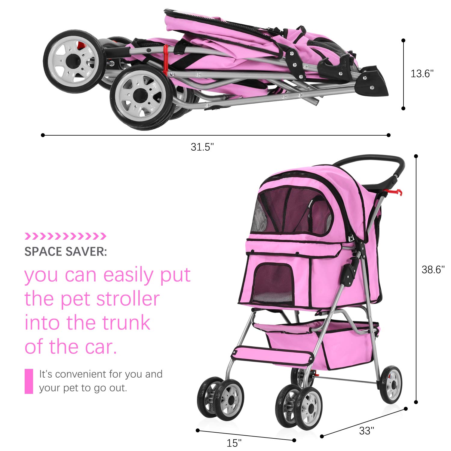 MeetPerfect 4 Wheels Travel Stroller Pet Stroller Dog Cat Pushchair Trolley Puppy Jogger Folding Carrier Carriage with Storage Basket for Small Medium Dogs & Cats- Pink