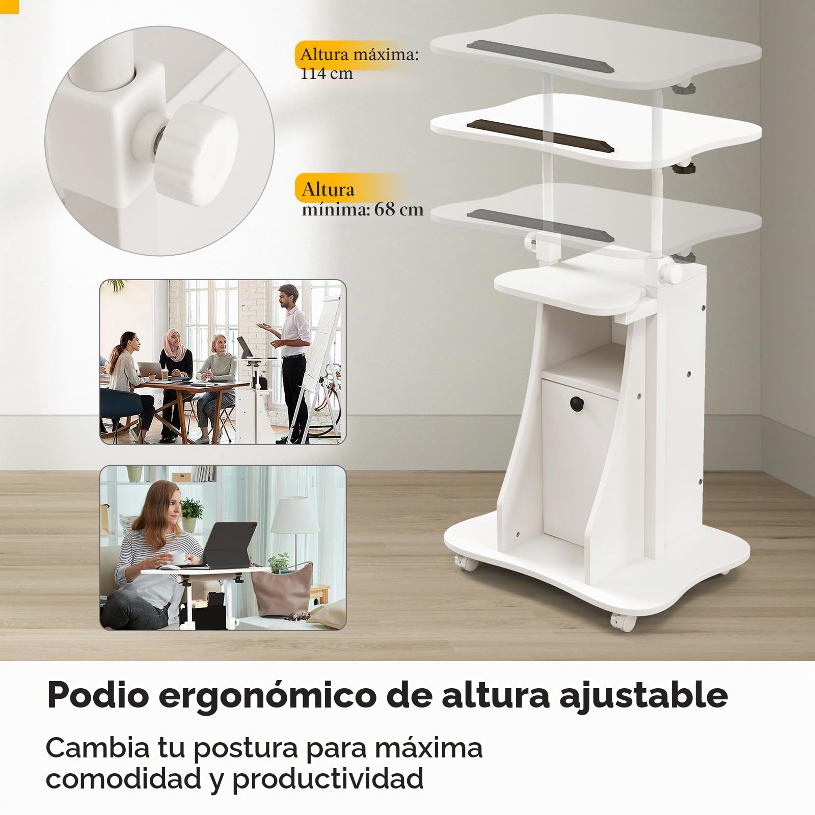 LIFEZEAL Podium para Conferencia, 2 Pisos Reclinable con Altura Ajustable, Mesa de Presentaciones con 4 Ruedas y Frenos, 2 Compartimentos, Escritorio para Oficina y Discurso Público, 55x40x68-114 cm