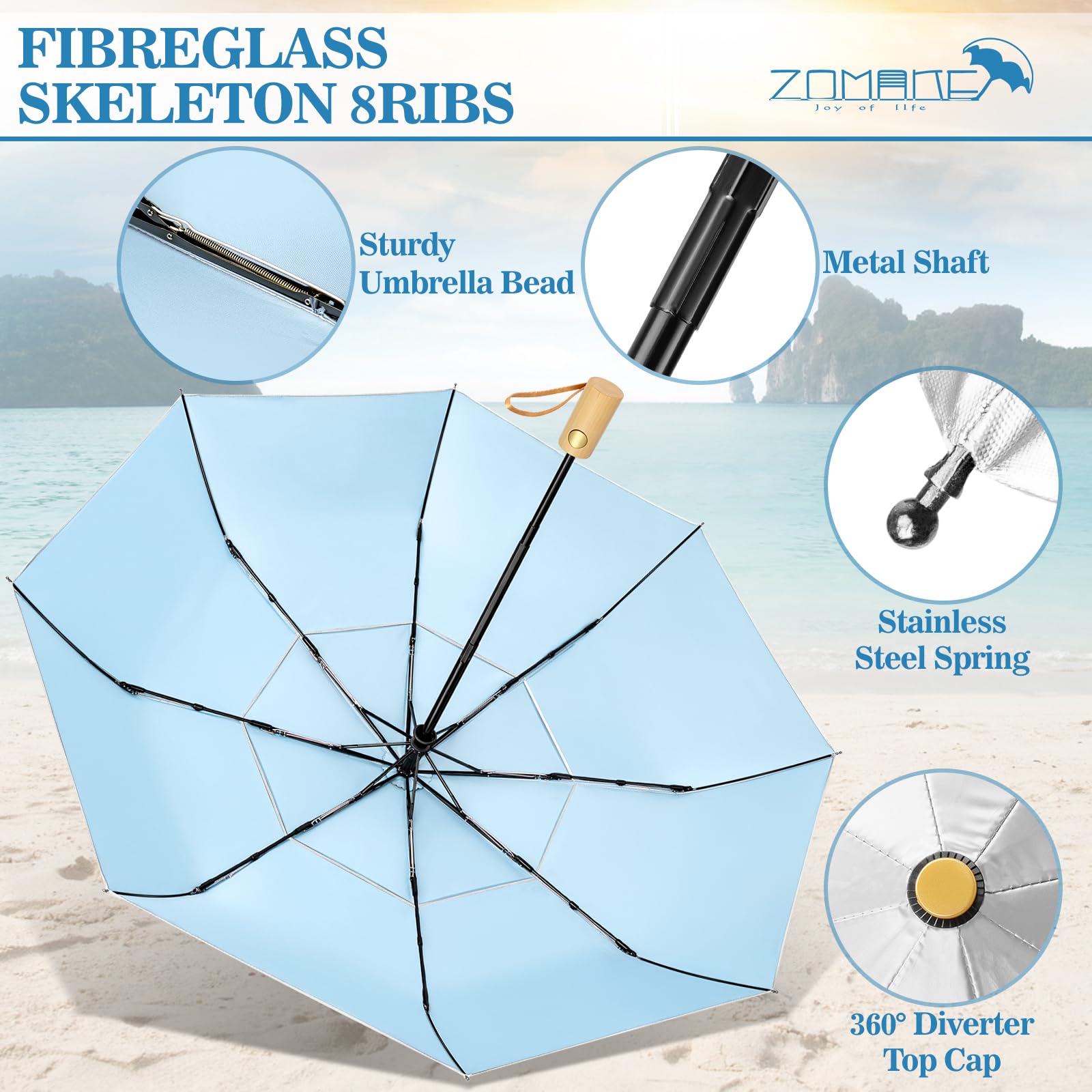 ZOMAKE Parasol Anti Uv,Paraguas Plegable AutomáTico De Sol,Paraguas Compacto Con Mango De Madera Para Hombre Mujer