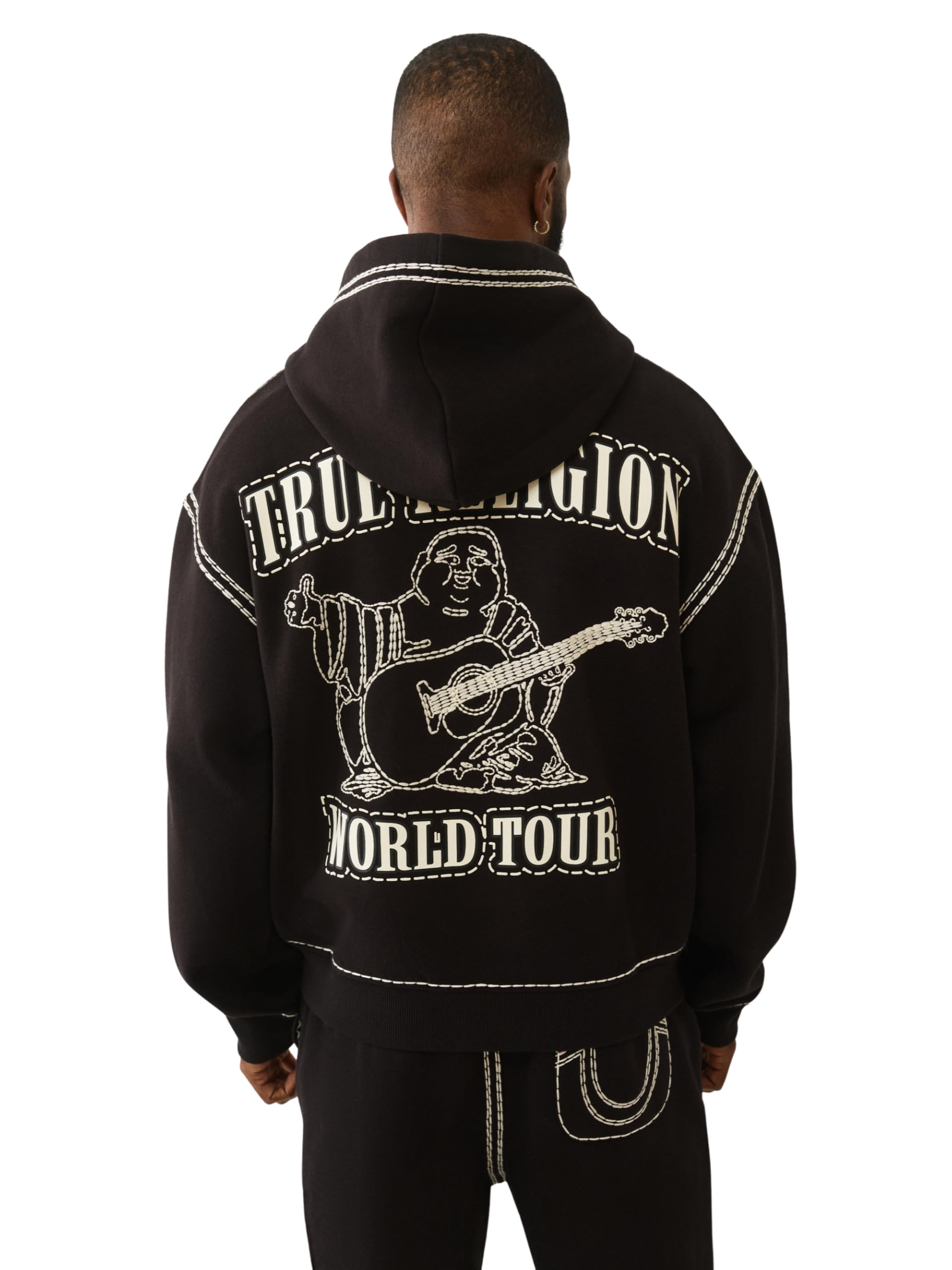 True Religion Men’s Super QT Cinched Zip Up Hoodie | Premium Active Top with Logo Detailing and Full Zip, Jet Black, XL