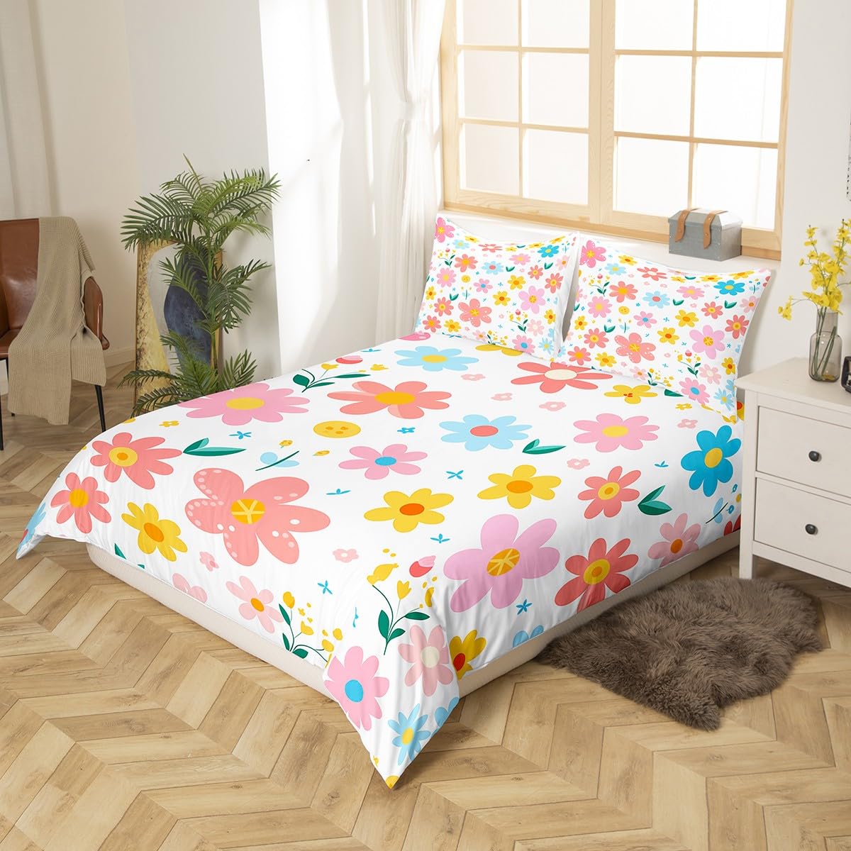 richhome Cute Flower Duvet Cover Junior/Cot Bed Kids Cartoon Cute Floral Bedding Set for Kids Girls Teens Toddler Yellow Pink Kawaii Comforter Cover Set 2Pcs - Image 4