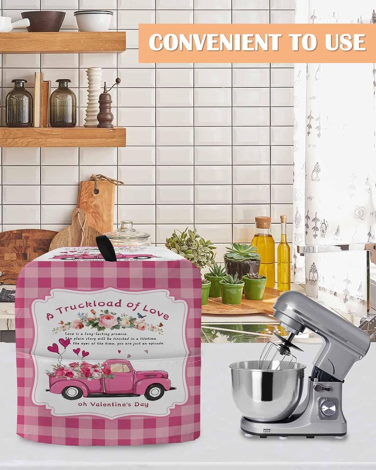 Stand Mixer Cover with Storage Pocket, Valentine's Day Waterproof Kitchen Mixer Covers, Pink Love Heart Truck Floral Romantic Plaid Kitchen Appliance Dust Cover Compatible with 6-9 Quart Mixers