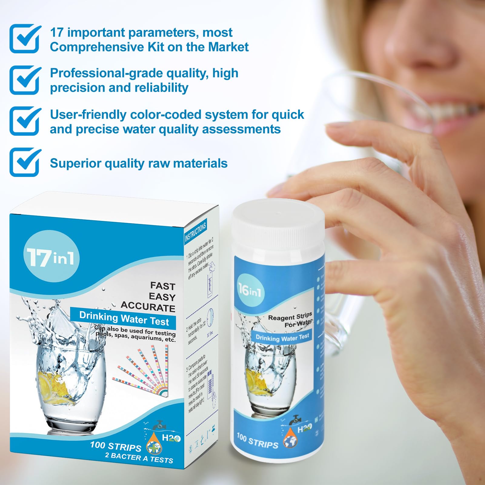 Strisce reattive acqua potabile 17 in 1 (100 strisce con 16 parametri e 2 test batteri), analisi completa qualità acqua pH, durezza totale, cloro libero, fluoro e altro per piscine