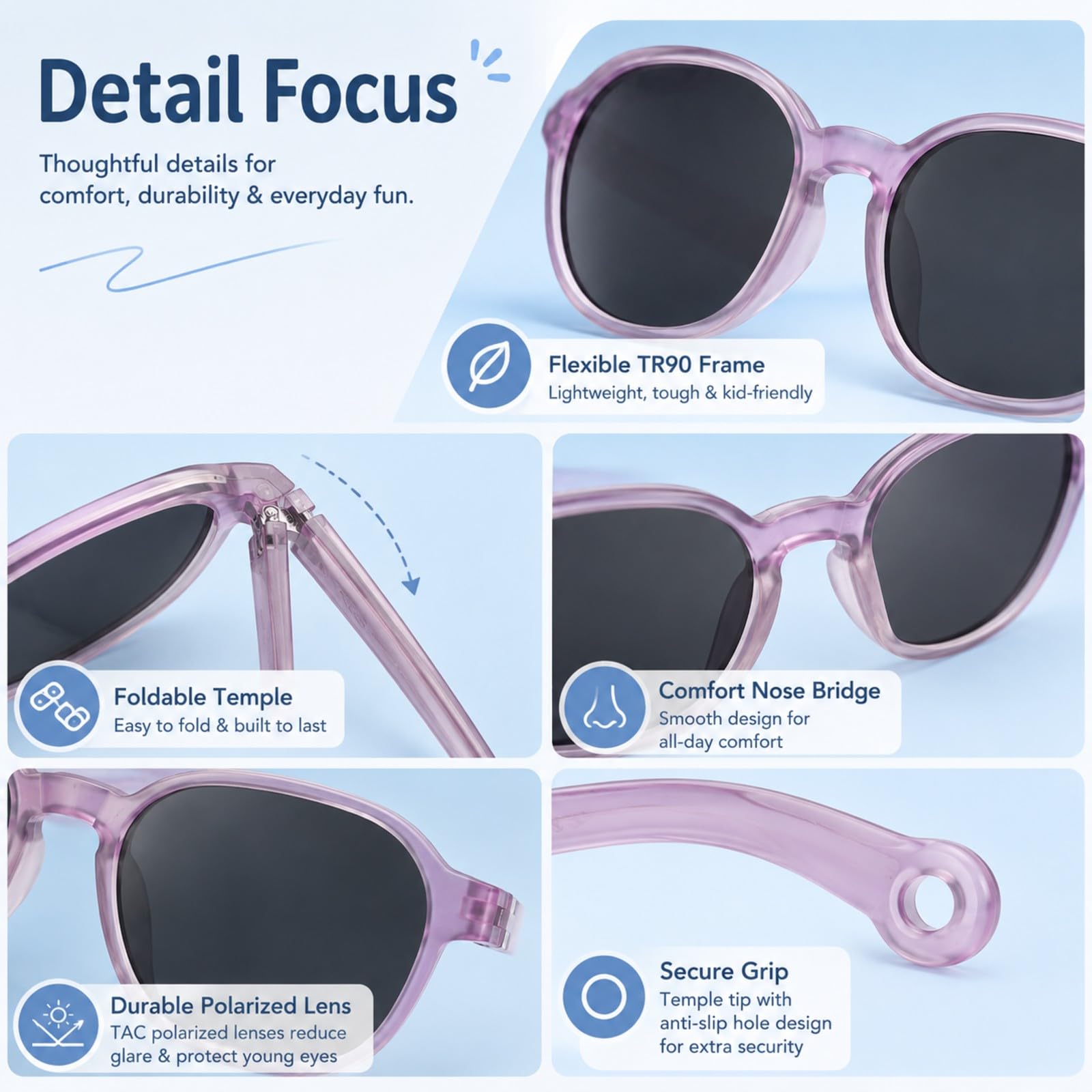 LVJMJ Składane polaryzacyjne okulary przeciwsłoneczne dla dzieci UV400 TR90 - TAC soczewki okulary przeciwsłoneczne dla chłopców dziewcząt w wieku 3-12 lat z etui i paskiem