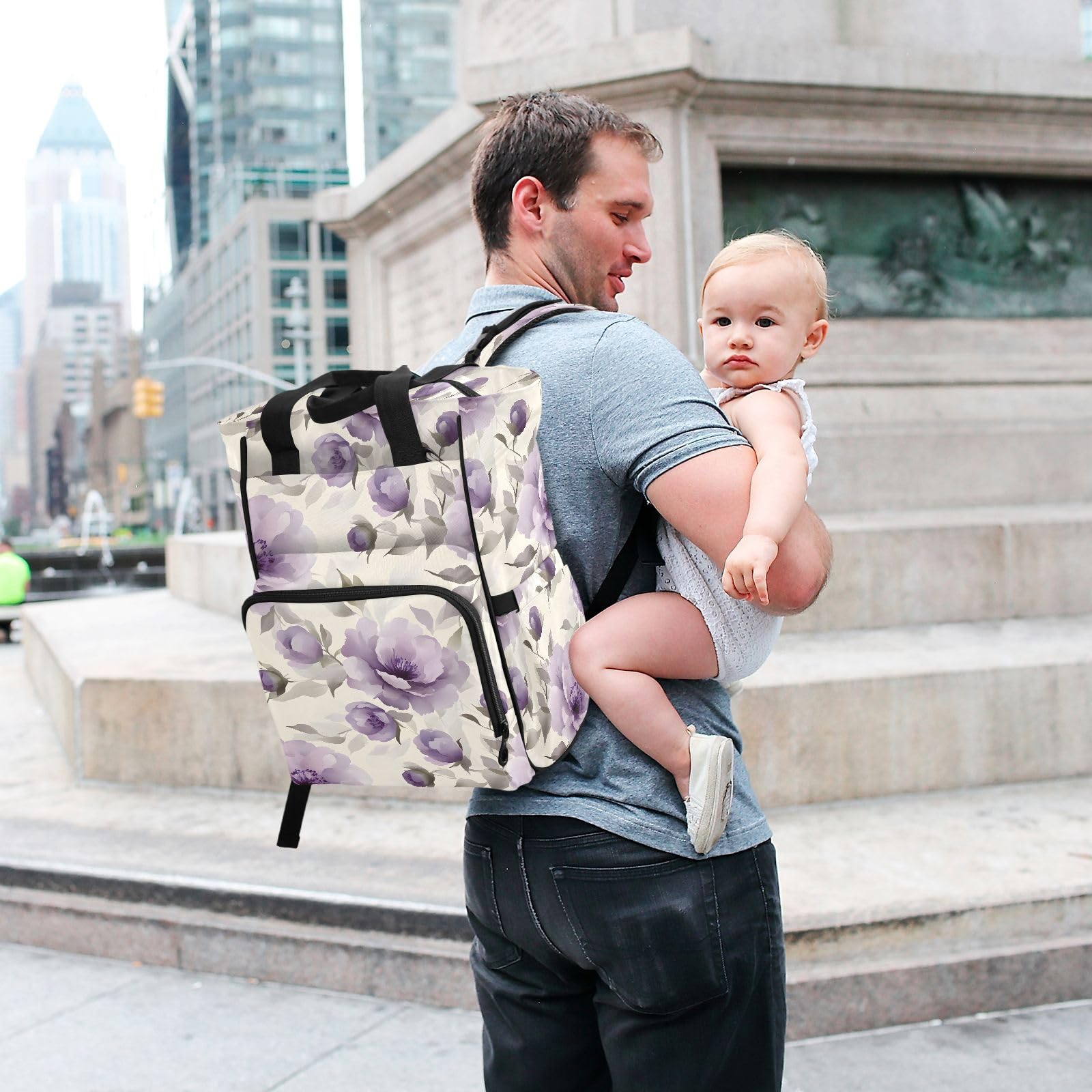 Mnsruu Borsa per pannolini per bambini con motivo floreale viola pallido borsa grande borsa impermeabile da viaggio borse per pannolini per mamme e papà