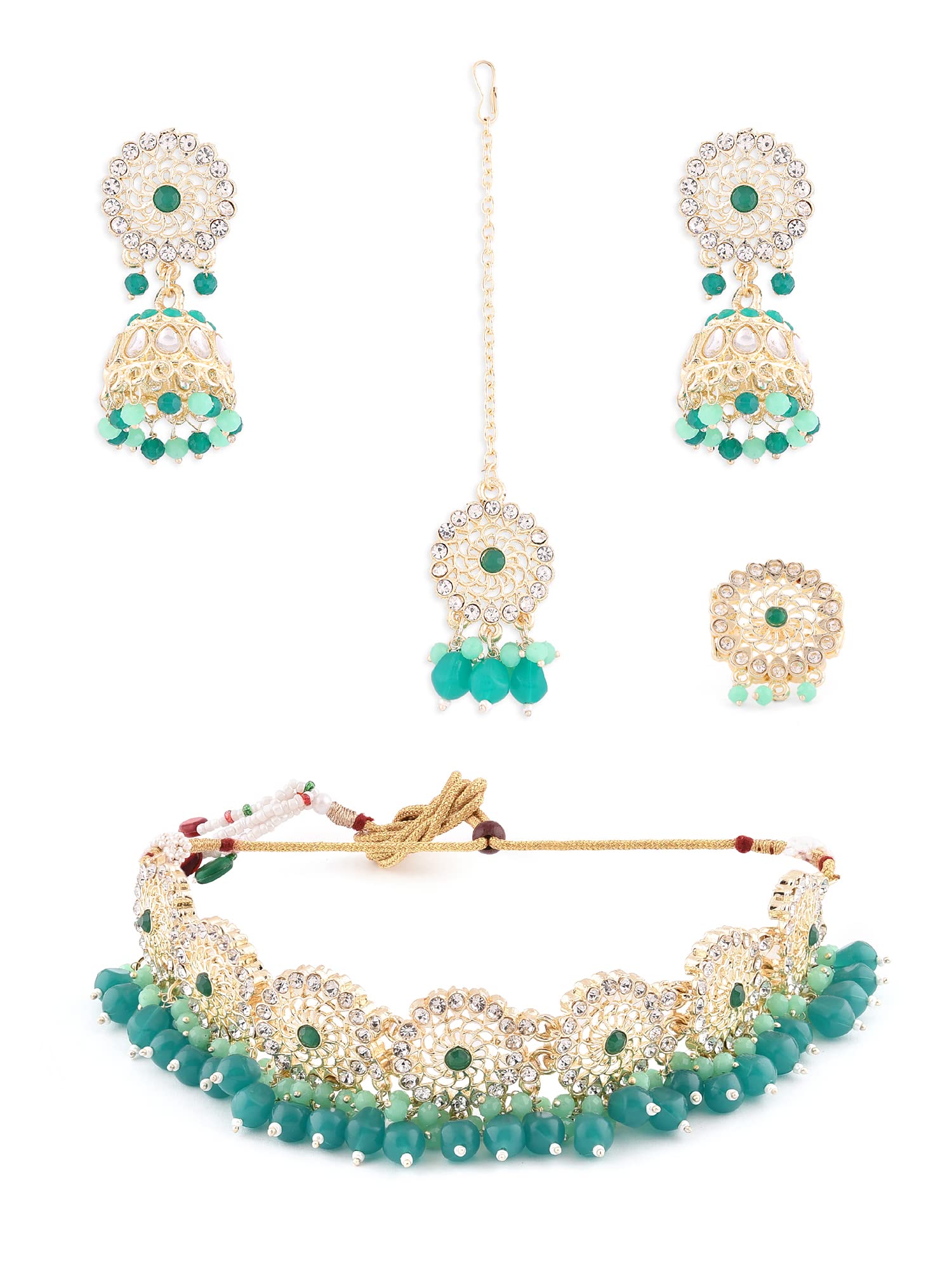 ZAVERI PEARLS Green Bead Drops Dazzling Diamonds Choker Necklace Earring Maangtikka & Ring Set For Women-ZPFK14397 (B0B6RKRW2H) Amazon Price History, Amazon Price Tracker