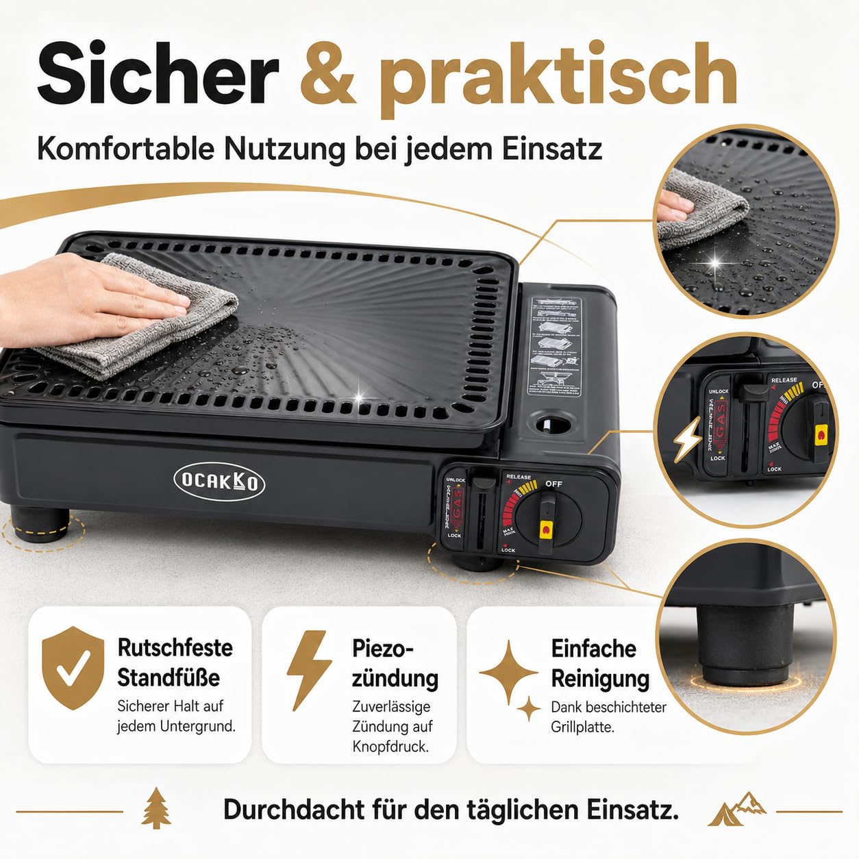 Gasgrill Camping mit 8 Kartuschen Grillplatte Grillrost + Schaschlikpieße