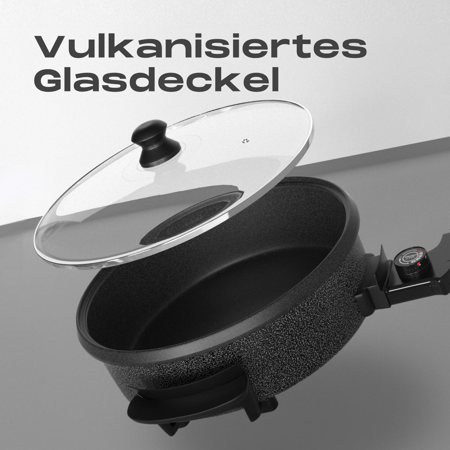 Elektropfanne 1500W 28cm mit Deckel, Aluminium & Stahl, Antihaftbeschichtung, Temperaturregelung, abnehmbarer Thermostat, gehärteter Glasdeckel