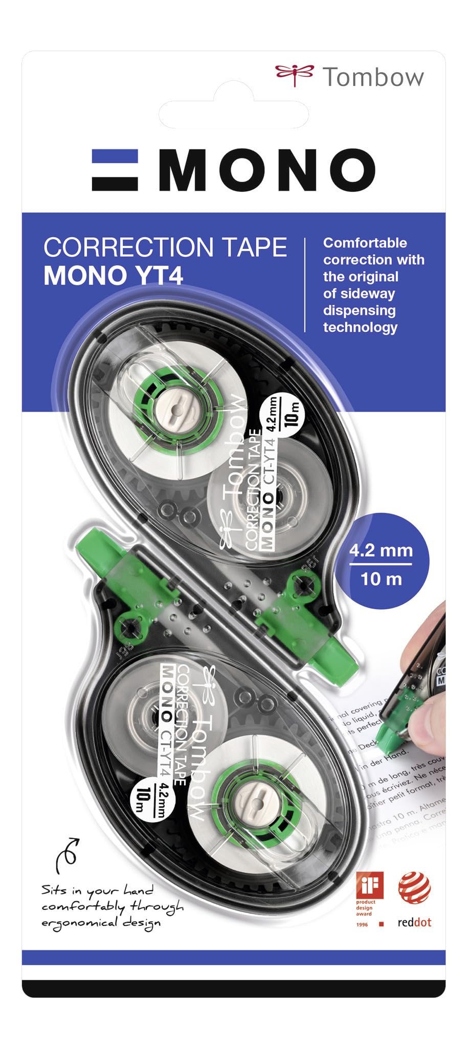 Tombow Mono YT4 Correction Tape, Set of 2, Ergonomic Design and PET Tape, 4.2 mm x 10 m, Tear-Resistant, can be overwritten Immediately [CT-YT4-2P]