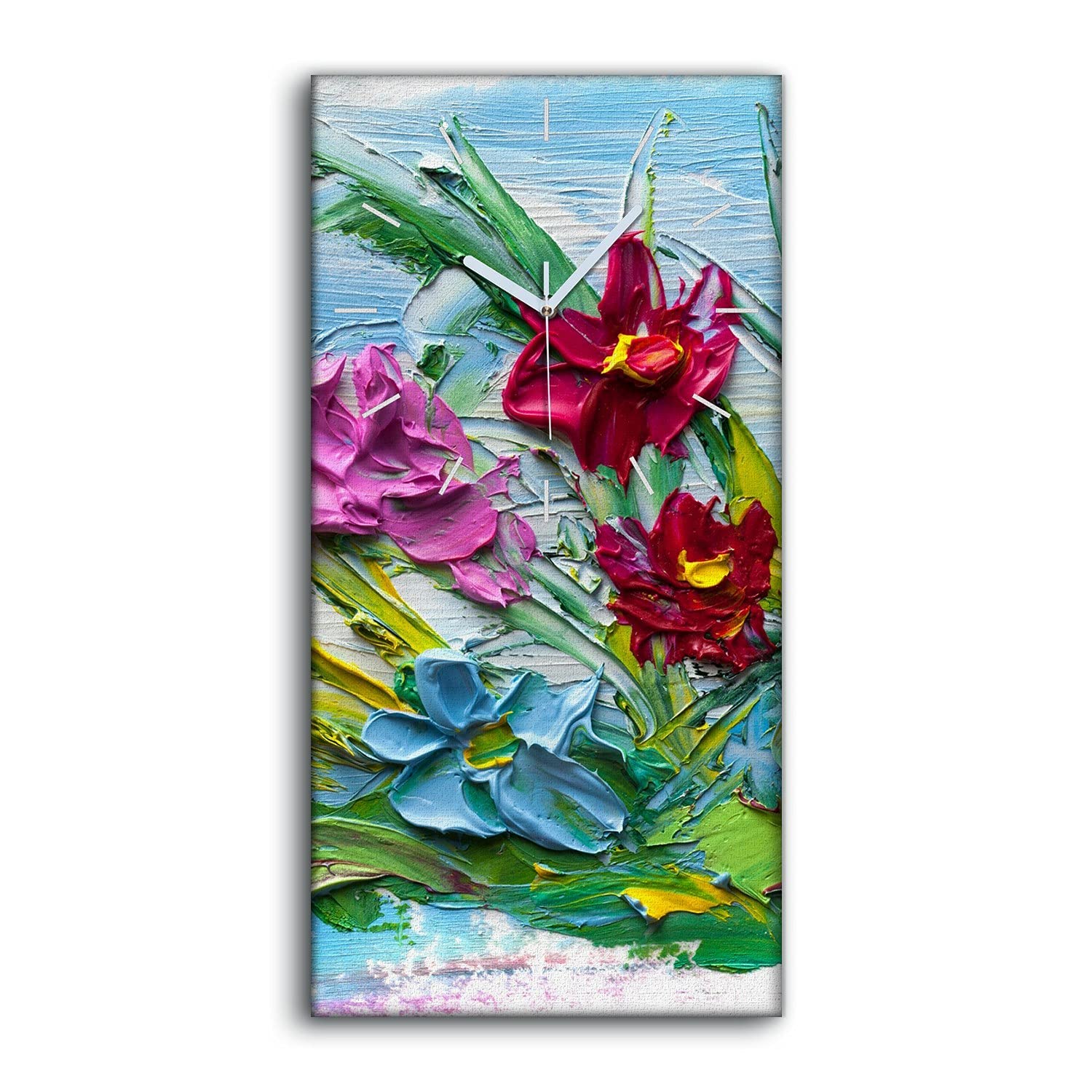 Horloge sur toile 30x60cm de fleurs d'huile avec mains blanches silencieuses