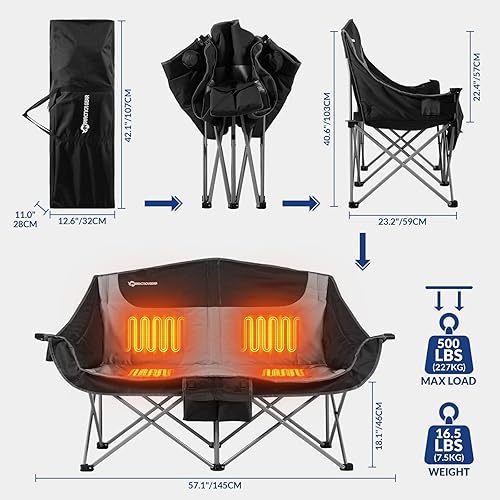 Miniatura 3 de Silla de camping doble climatizada, silla plegable para 2 personas con batería de 12 V 16000 mAh, silla de dos plazas portátil con calefacción, para
