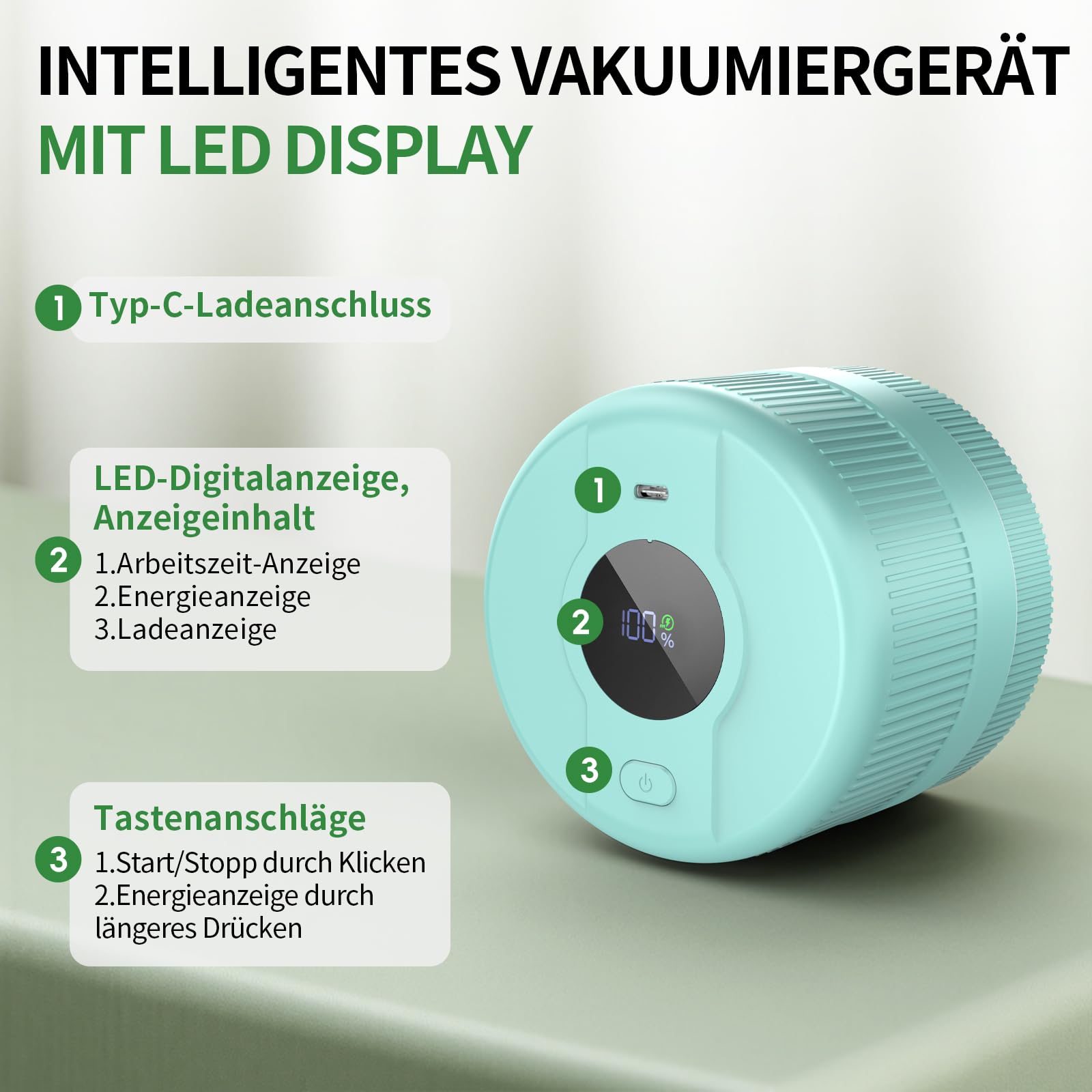 Vakuumierer für Gläser | Elektrisches Mason Jar Vakuum Sealer für Breite und Normale Öffnung | Tragbares Vacuum Sealer Machine | Geschenke für Sie, Mama, Oma, Seladon Blau-Grün