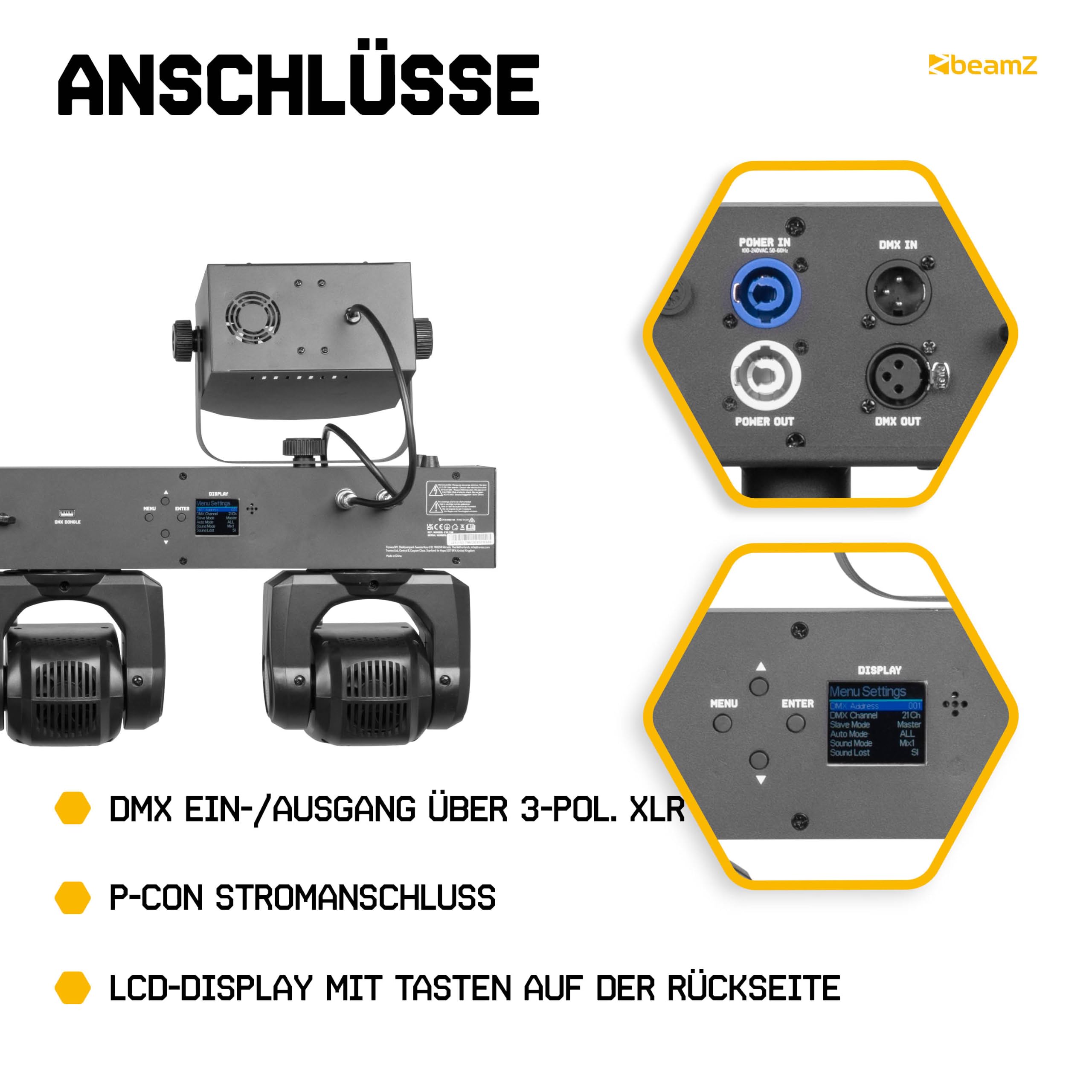 BeamZ ShowBar GO Ultra - LED Partybar, 4x Moving Head, LED Bar Wash Stroboskop, 2x Derbys - DMX Discolicht Partylicht Anlage, Disco Light DJ Equipment - Musikgesteuert, Fernbedienung & Halo-Ring