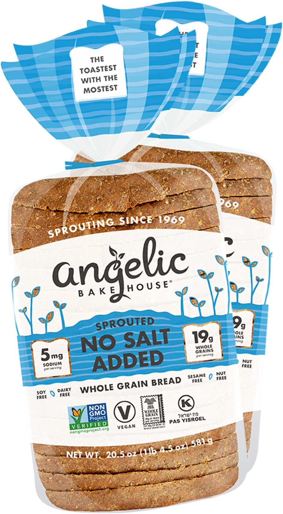 Angelic Bakehouse No Added Salt Sprouted Whole Grain Bread 2-Pack (20.5-oz.) - Non-GMO, Vegan and Kosher (2 Loaves), Tan