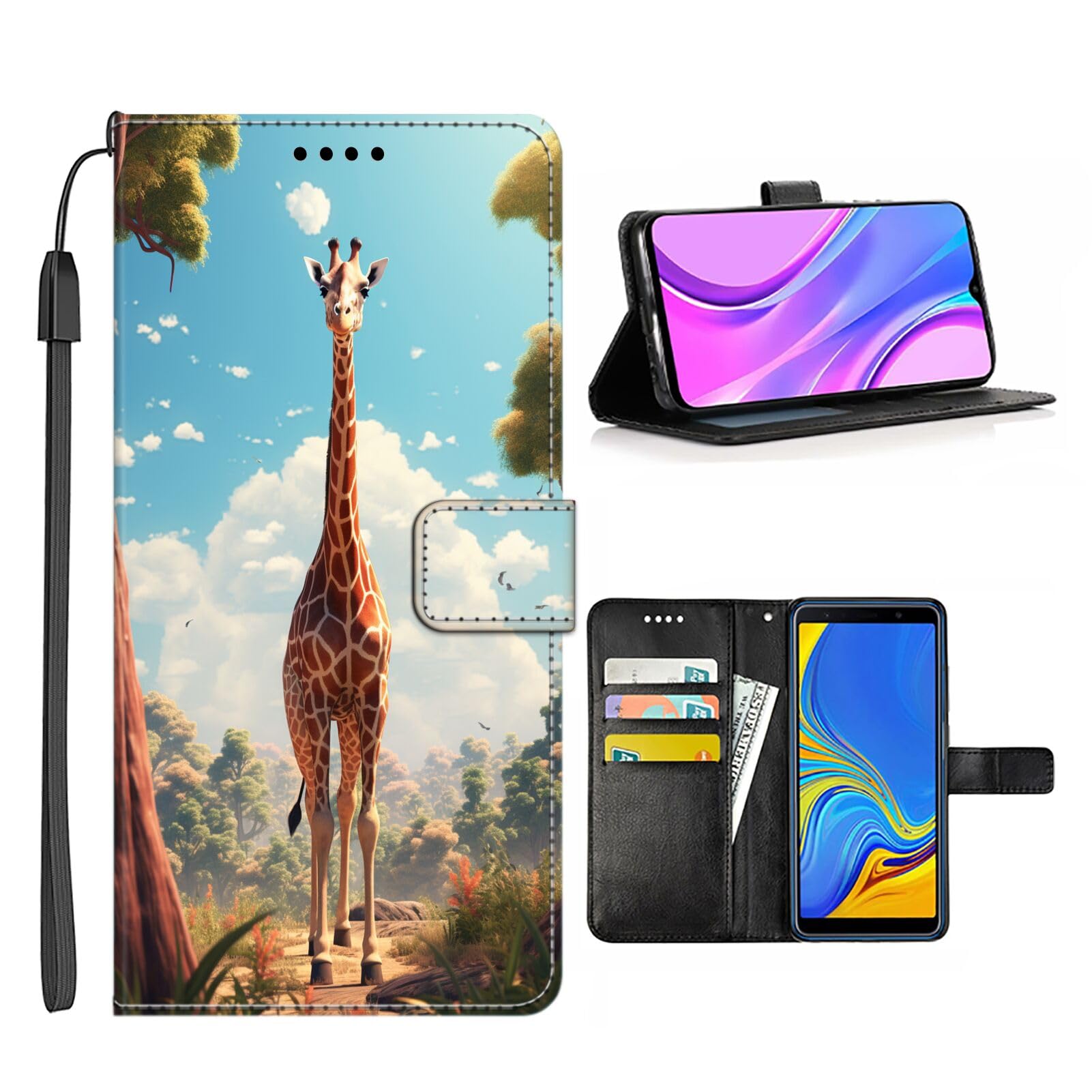 SHENCANG BLUE Wallet Case for Samsung Galaxy A01 Giraffe-aa2 Smartphone Folio Pocket Flip Card Holder Kickstand Multifunction Cellphone Case with Wrist Strap Multicolor