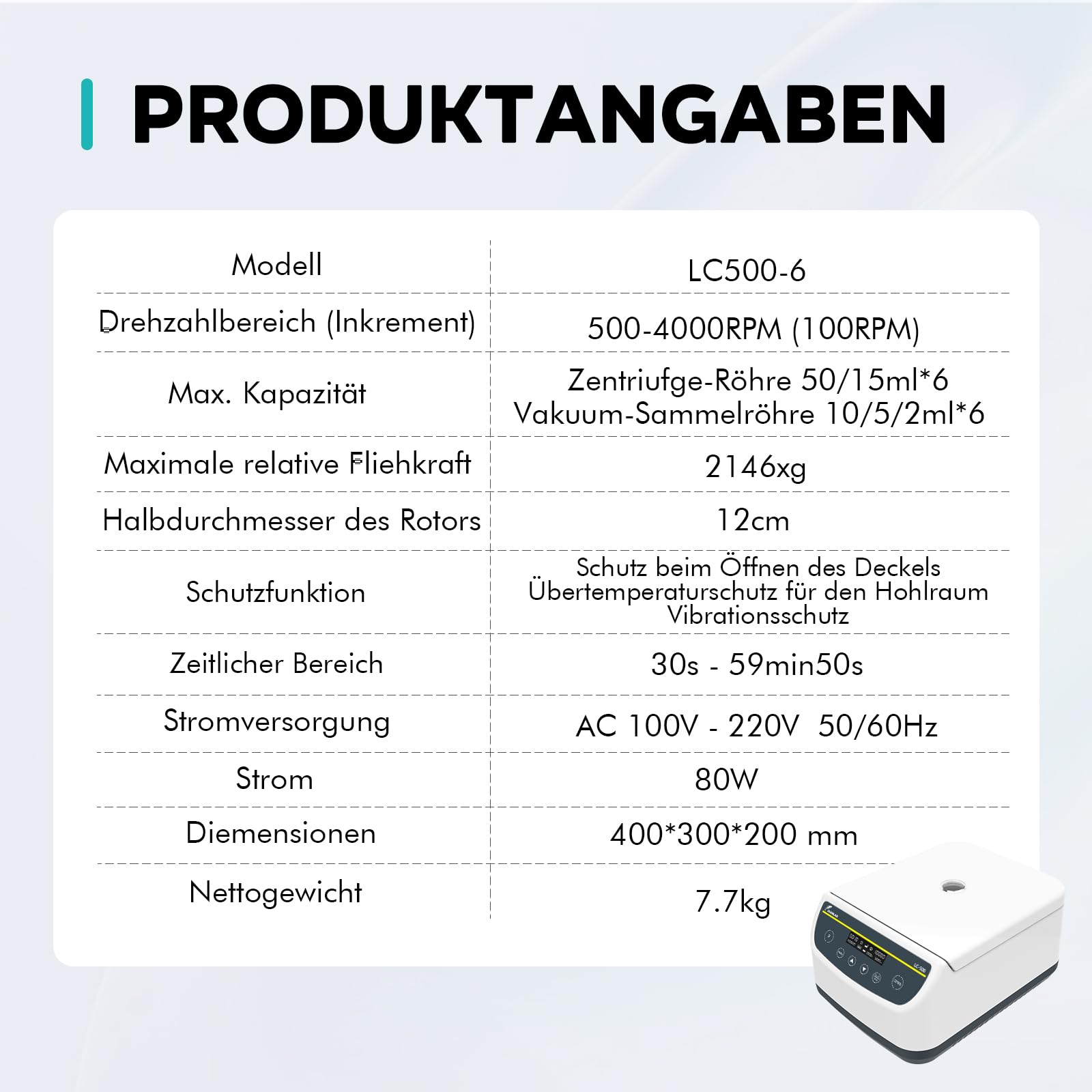 LAB FISH Labor Zentrifuge, Niedrige Drehzahl 500-4000 U/min, Max. 2146 xg, 9 Programmspeicher, Timer, für 2/5/10/15/50ml Röhrchen (6-fach Winkelrotor)